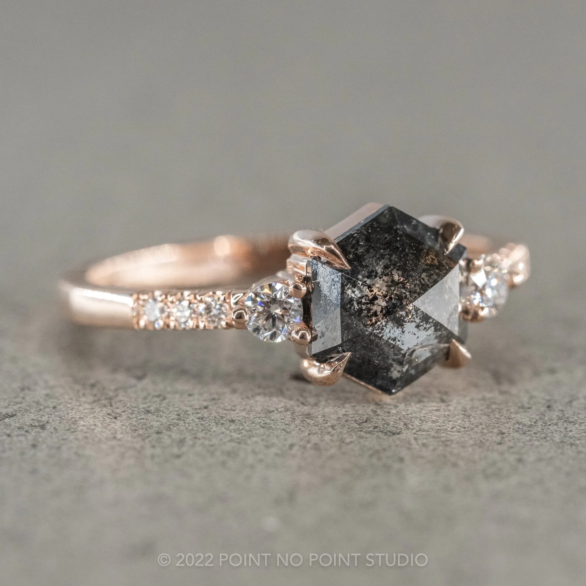 1 Carat Black Speckled Hexagon Diamond Engagement Ring, Eliza Setting, 14K Rose Gold