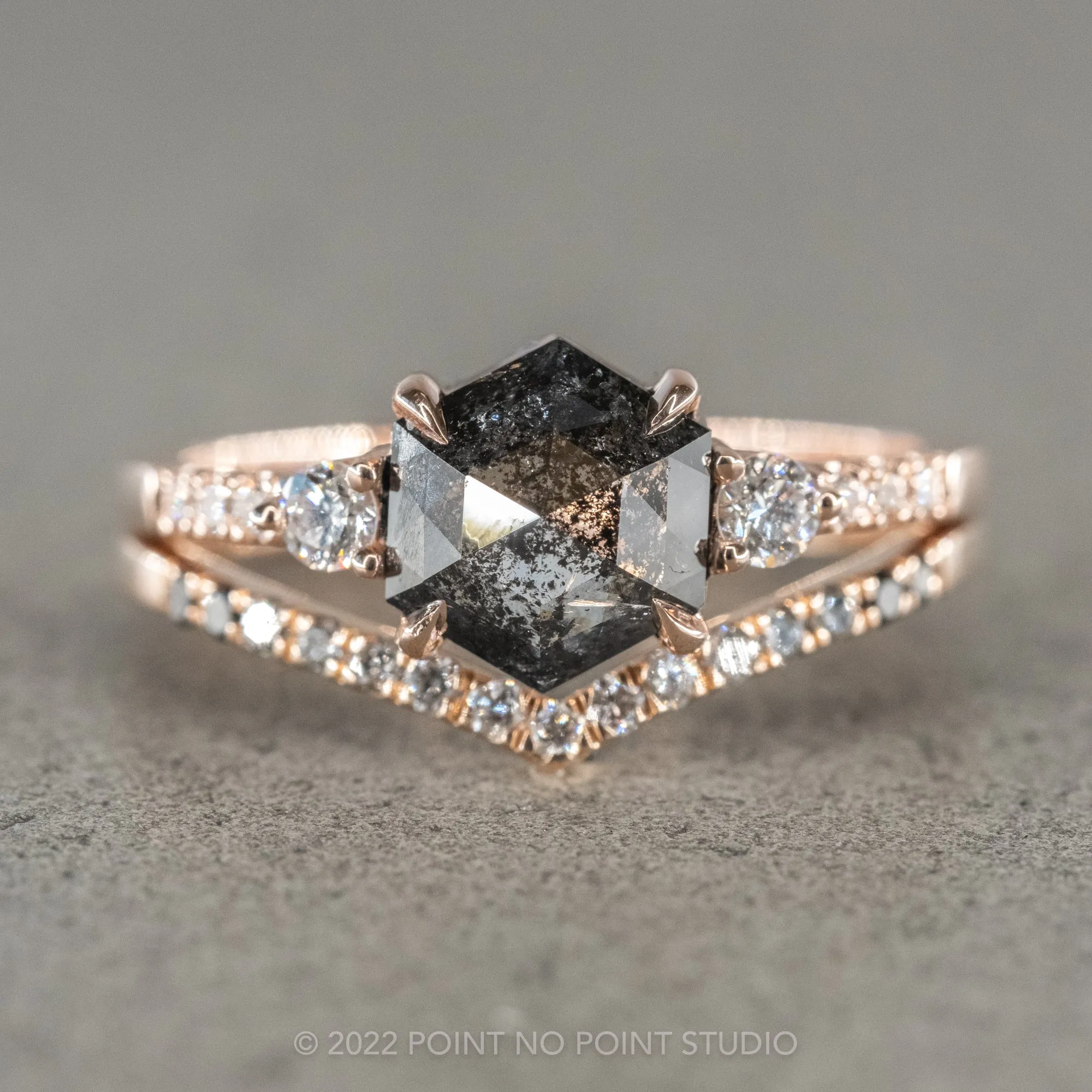 1 Carat Black Speckled Hexagon Diamond Engagement Ring, Eliza Setting, 14K Rose Gold