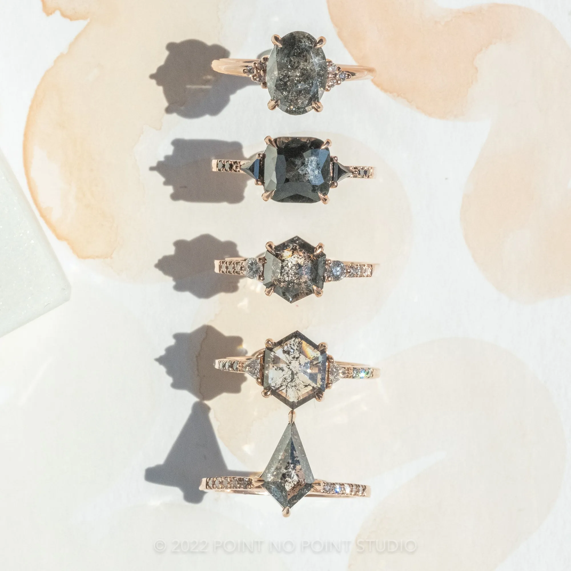 1 Carat Black Speckled Hexagon Diamond Engagement Ring, Eliza Setting, 14K Rose Gold