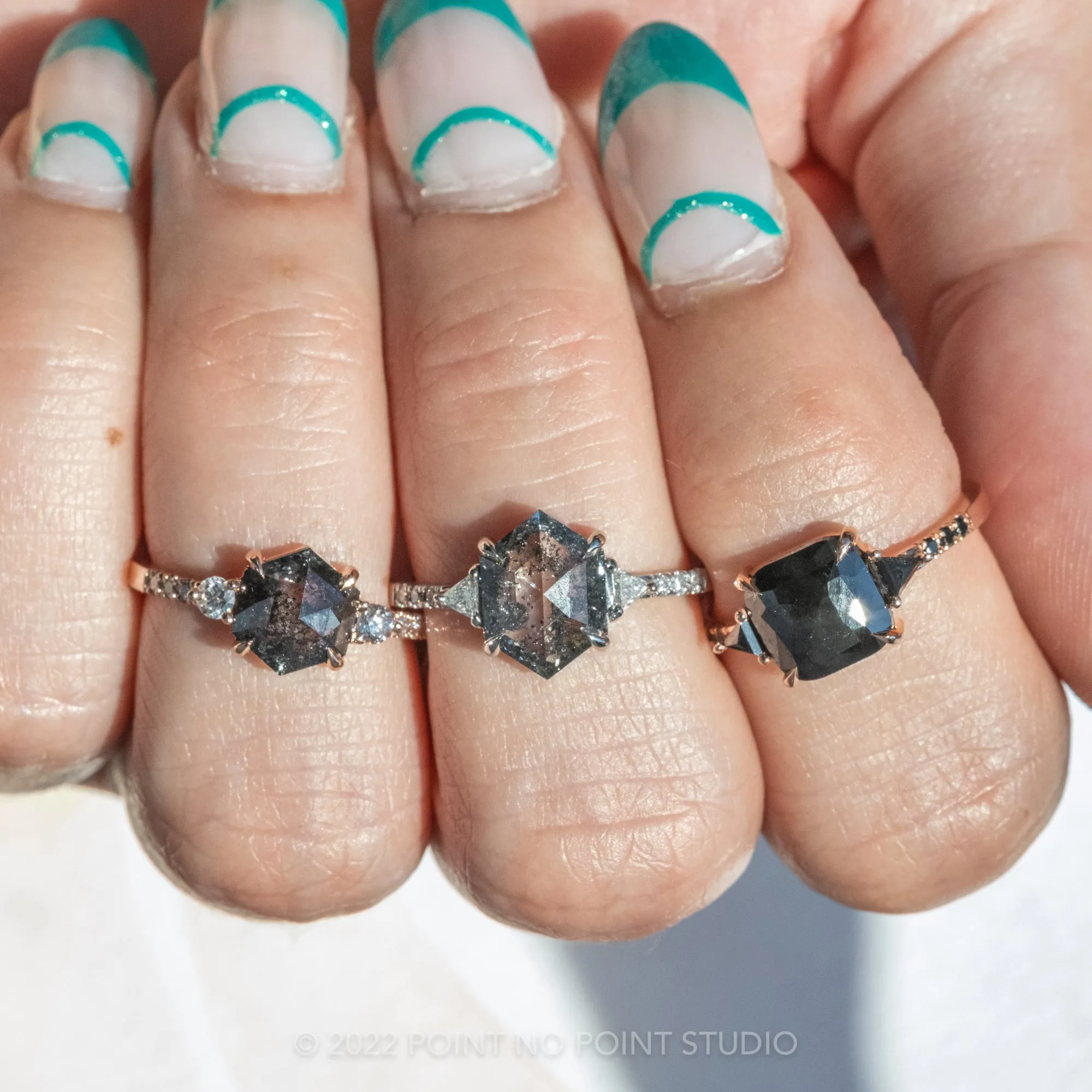 1 Carat Black Speckled Hexagon Diamond Engagement Ring, Eliza Setting, 14K Rose Gold