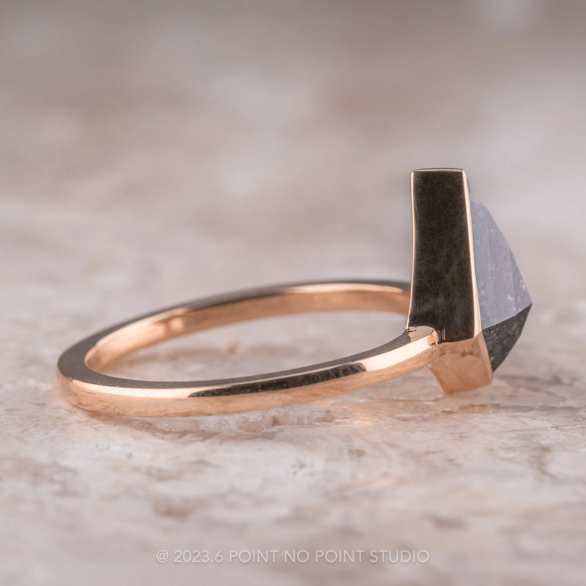 1.04 Carat Black Speckled Kite Diamond Engagement Ring, Bezel Jane Setting, 14k Rose Gold