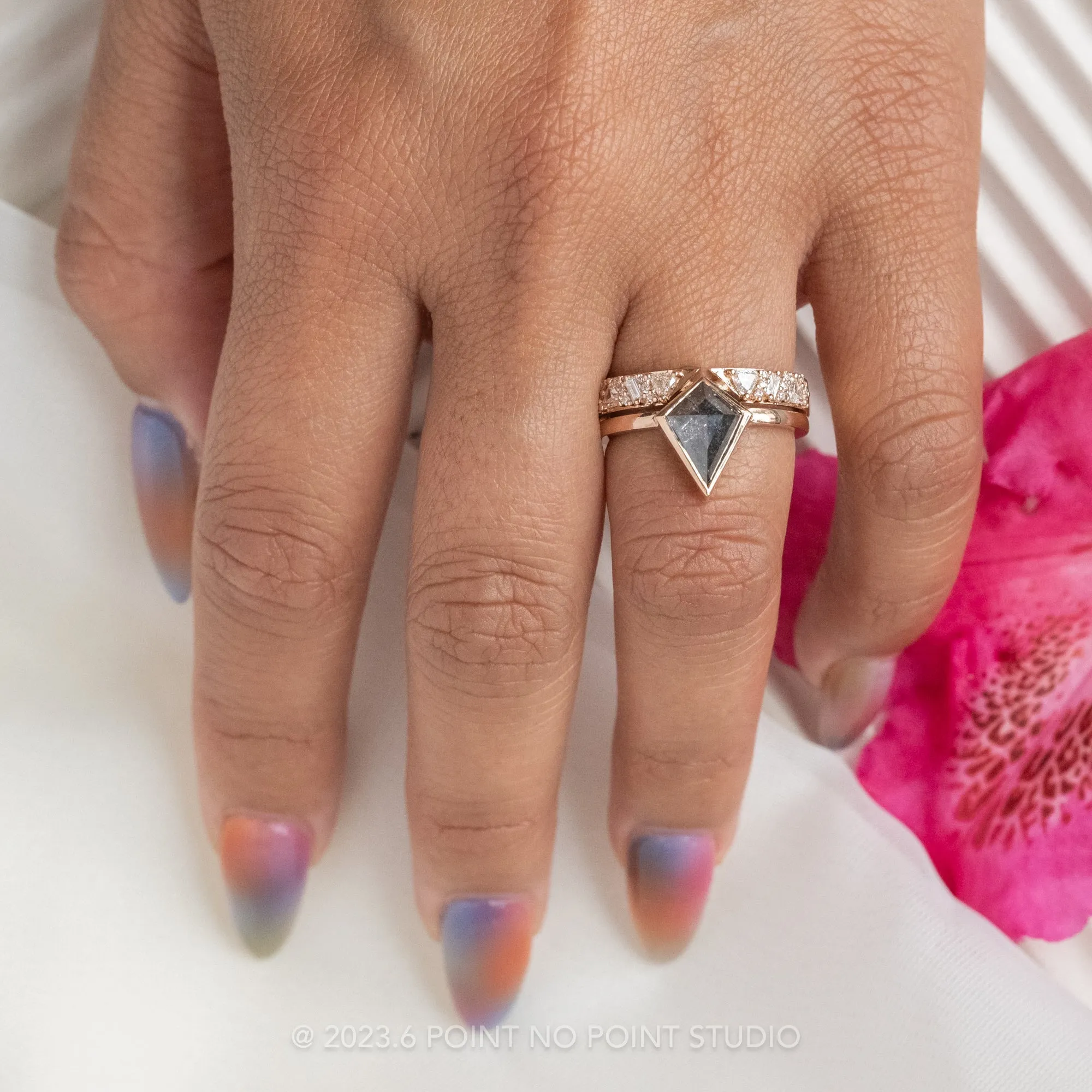 1.04 Carat Black Speckled Kite Diamond Engagement Ring, Bezel Jane Setting, 14k Rose Gold