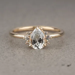1.04 Carat White Pear Sapphire Engagement Ring, Charlotte Setting, 14k Yellow Gold