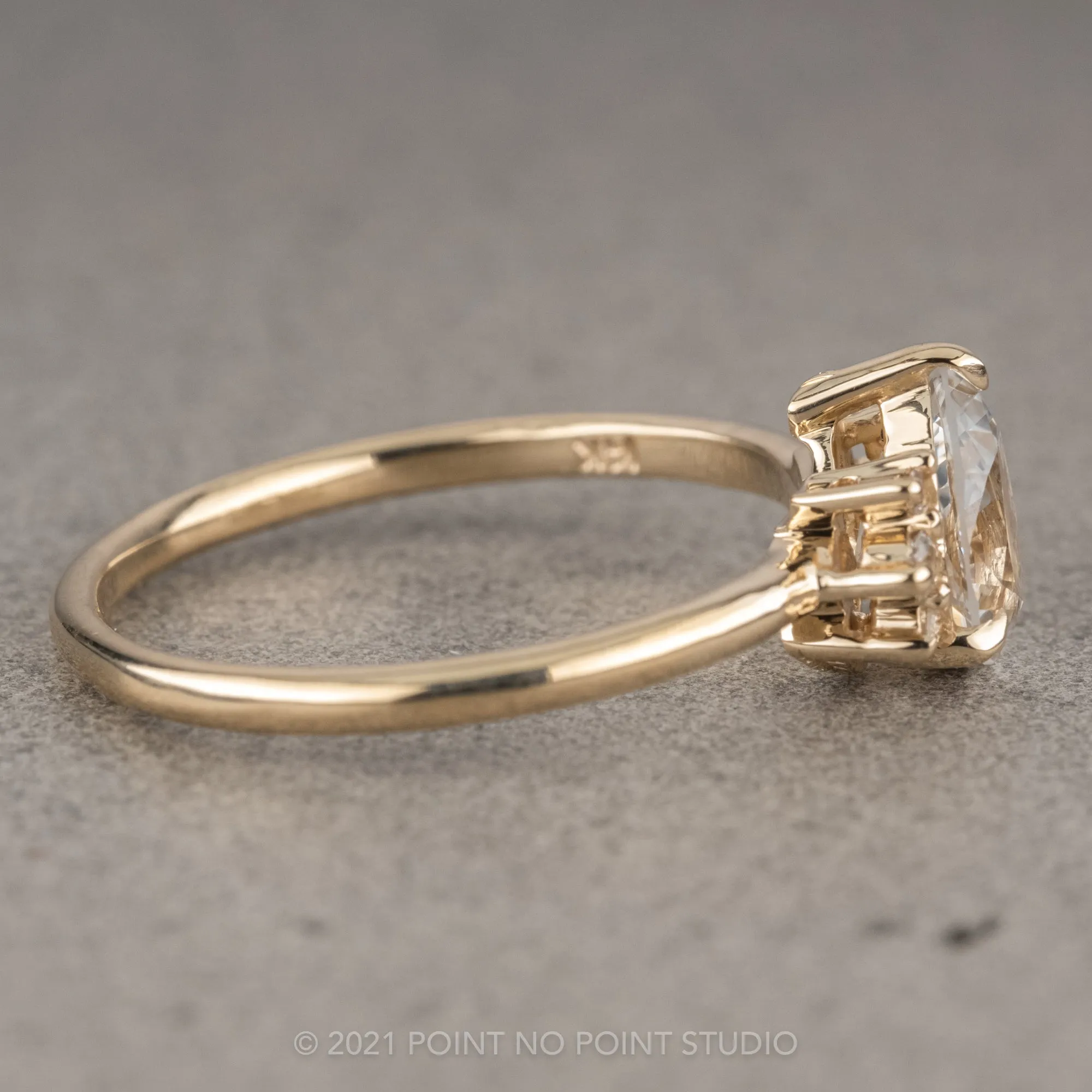 1.04 Carat White Pear Sapphire Engagement Ring, Charlotte Setting, 14k Yellow Gold