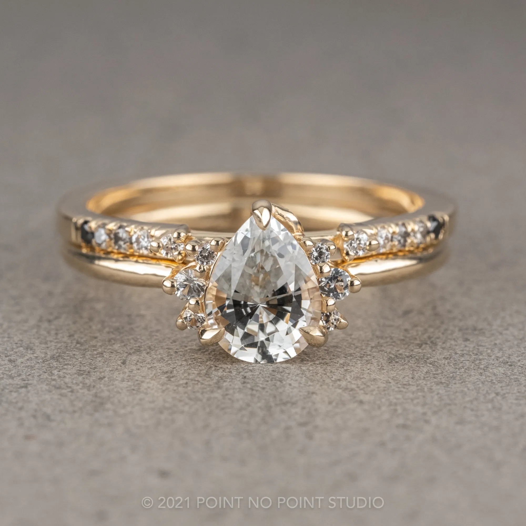 1.04 Carat White Pear Sapphire Engagement Ring, Charlotte Setting, 14k Yellow Gold