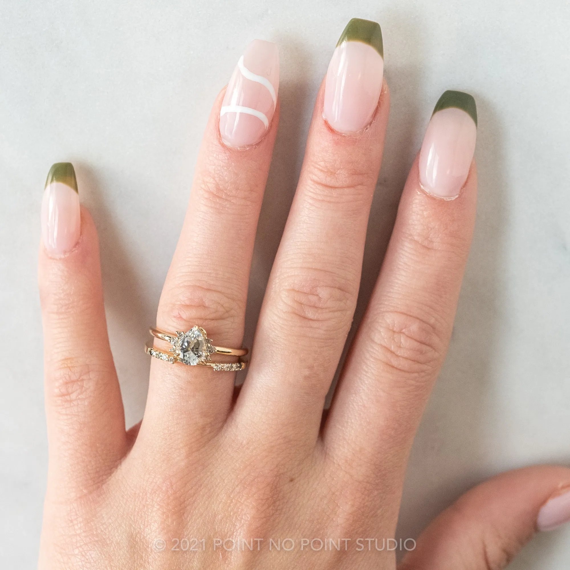 1.04 Carat White Pear Sapphire Engagement Ring, Charlotte Setting, 14k Yellow Gold