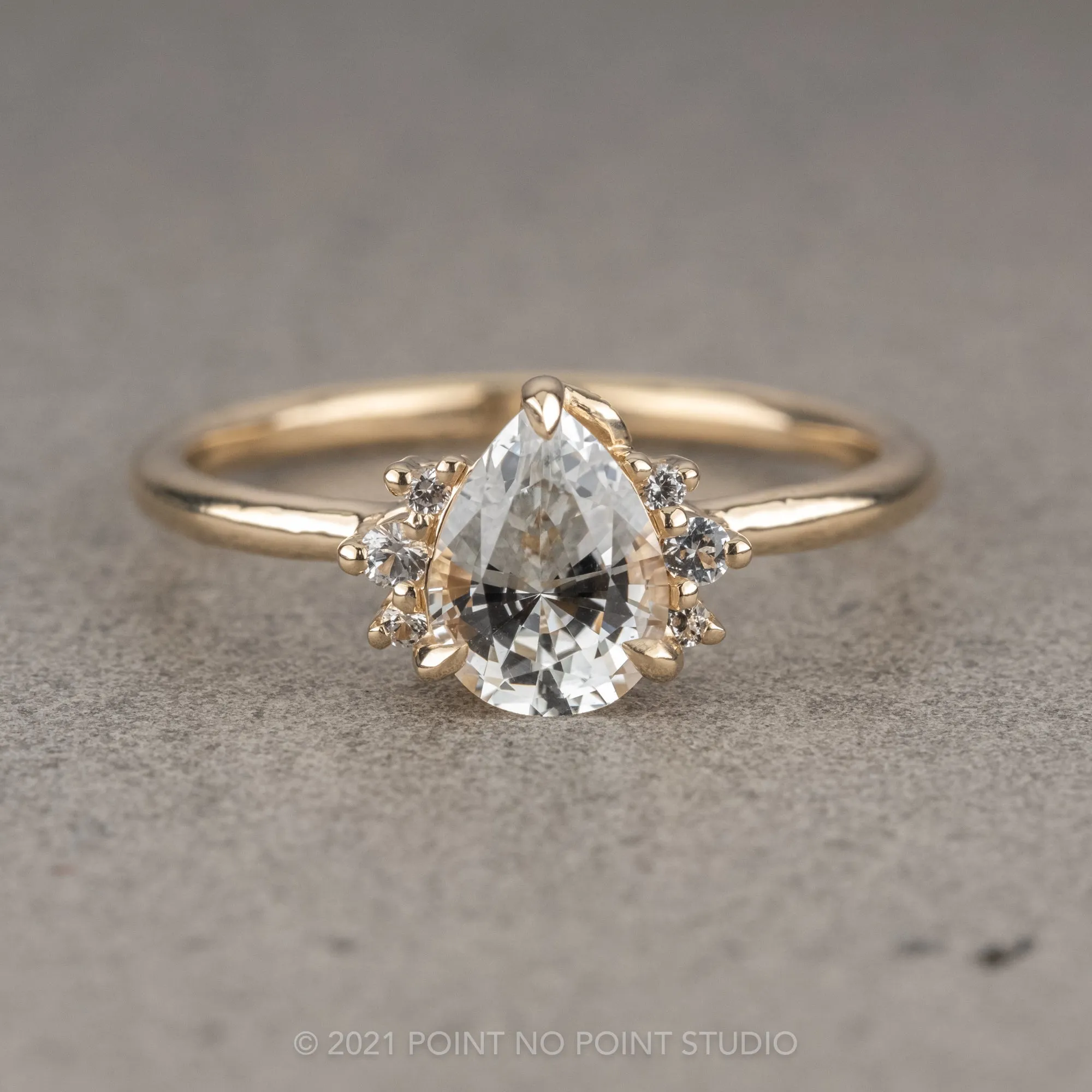 1.04 Carat White Pear Sapphire Engagement Ring, Charlotte Setting, 14k Yellow Gold