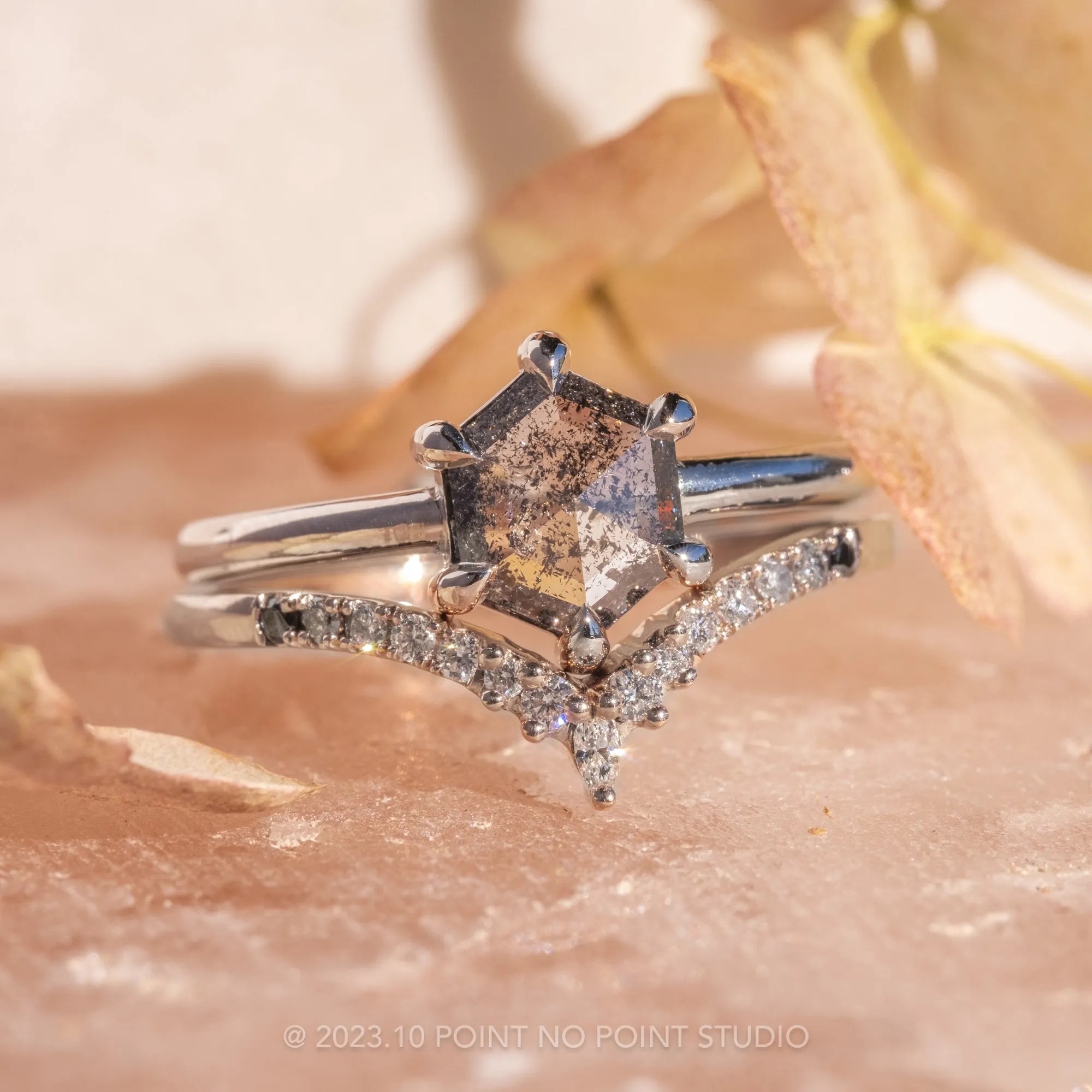 1.08 Carat Salt and Pepper Hexagon Diamond Engagement Ring, Jane Setting, Platinum