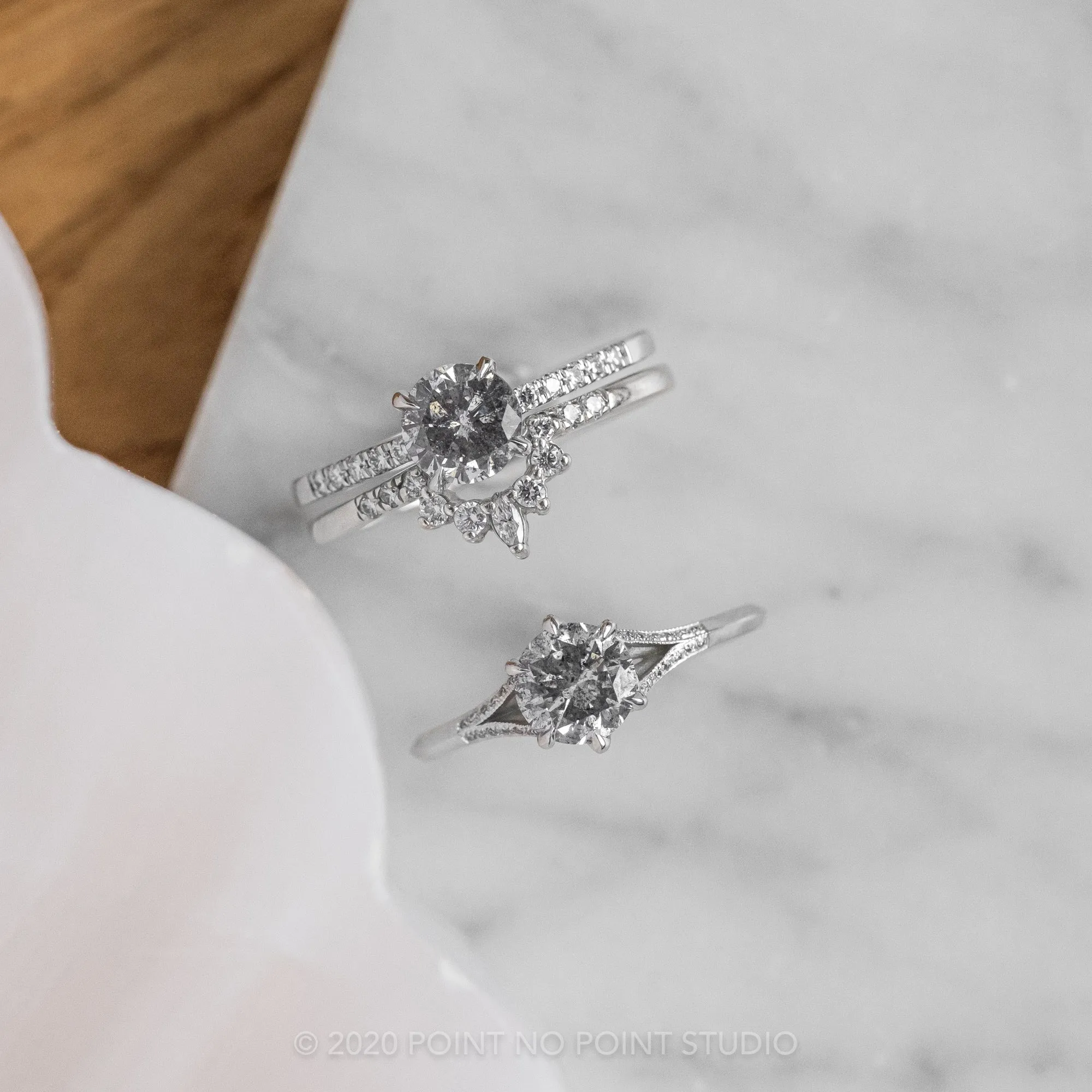 1.11 Carat Salt and Pepper Round Diamond Engagement Ring, Jules Setting, 14K White Gold