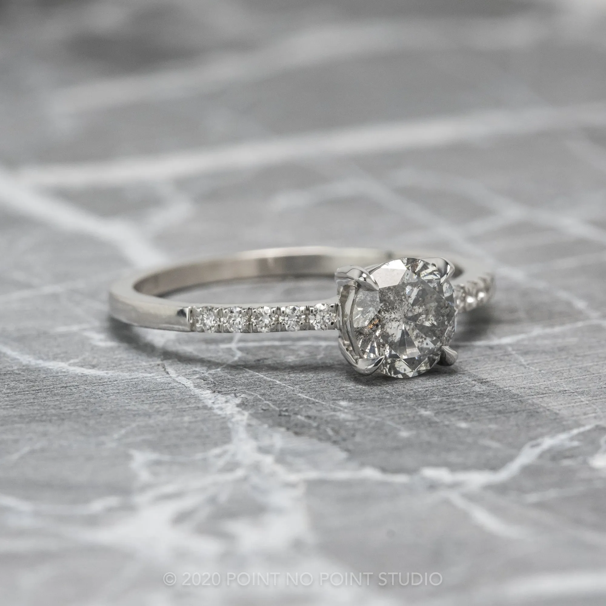 1.11 Carat Salt and Pepper Round Diamond Engagement Ring, Jules Setting, 14K White Gold