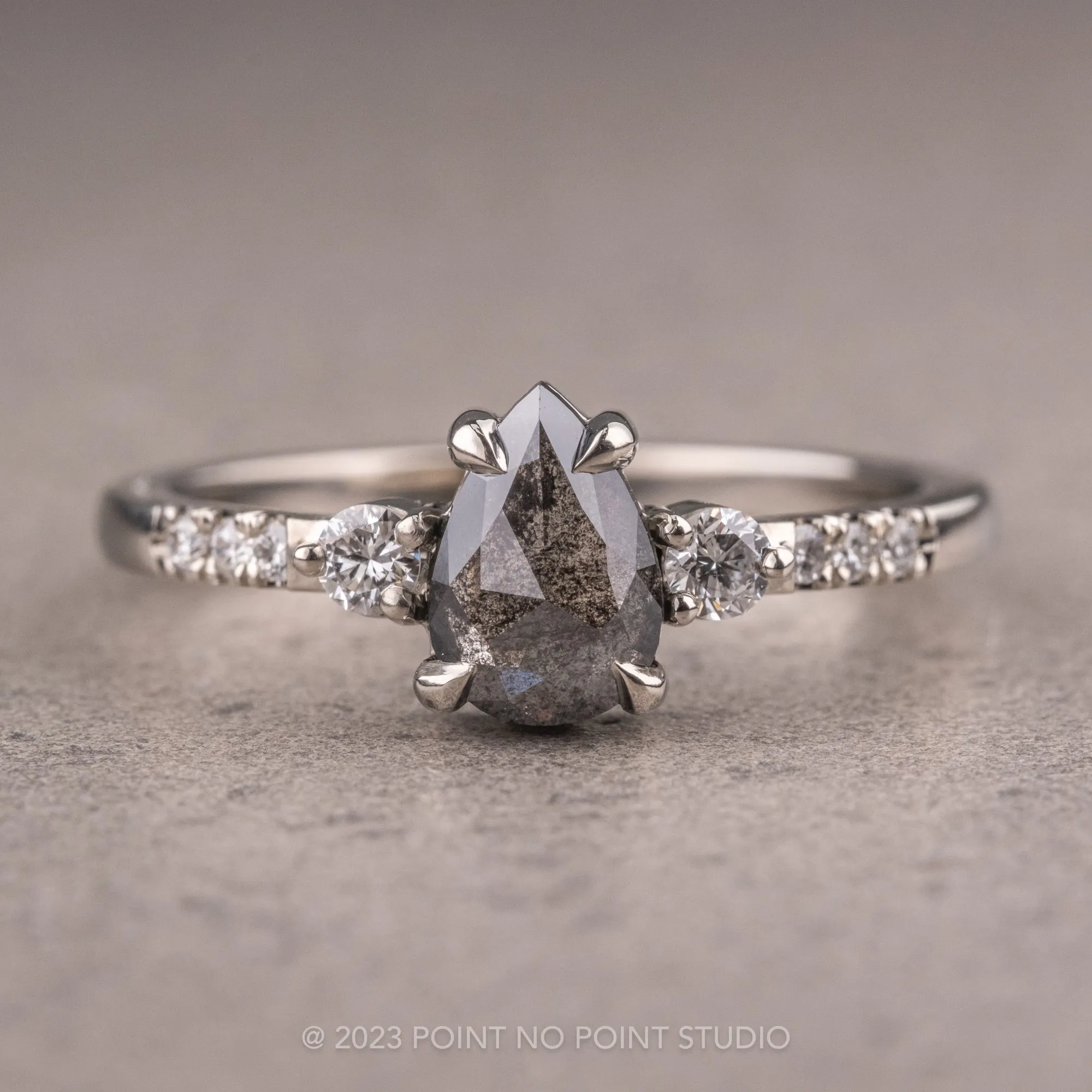 1.15 Carat Salt and Pepper Pear Diamond Engagement Ring, Eliza Setting, 14K White Gold
