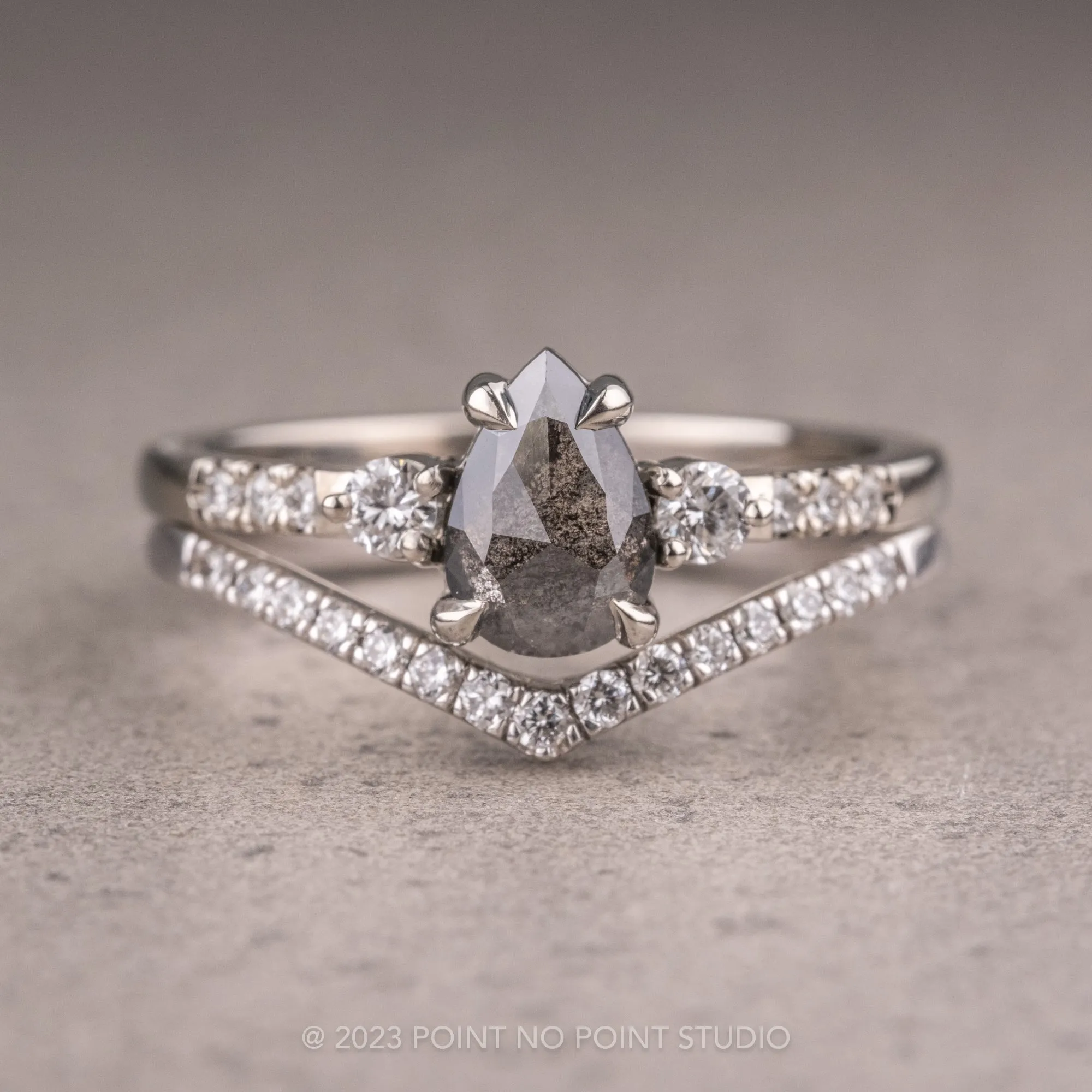 1.15 Carat Salt and Pepper Pear Diamond Engagement Ring, Eliza Setting, 14K White Gold