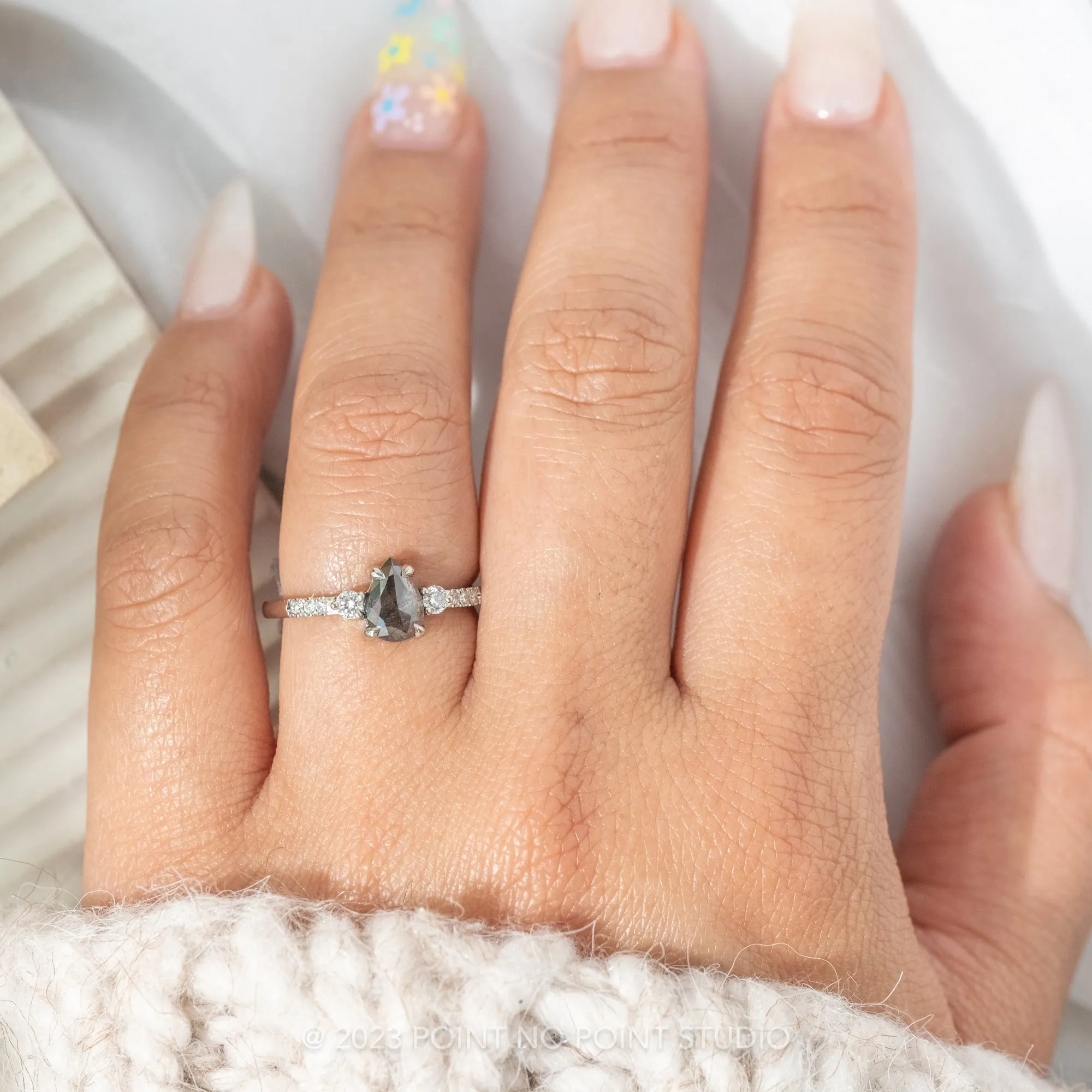1.15 Carat Salt and Pepper Pear Diamond Engagement Ring, Eliza Setting, 14K White Gold