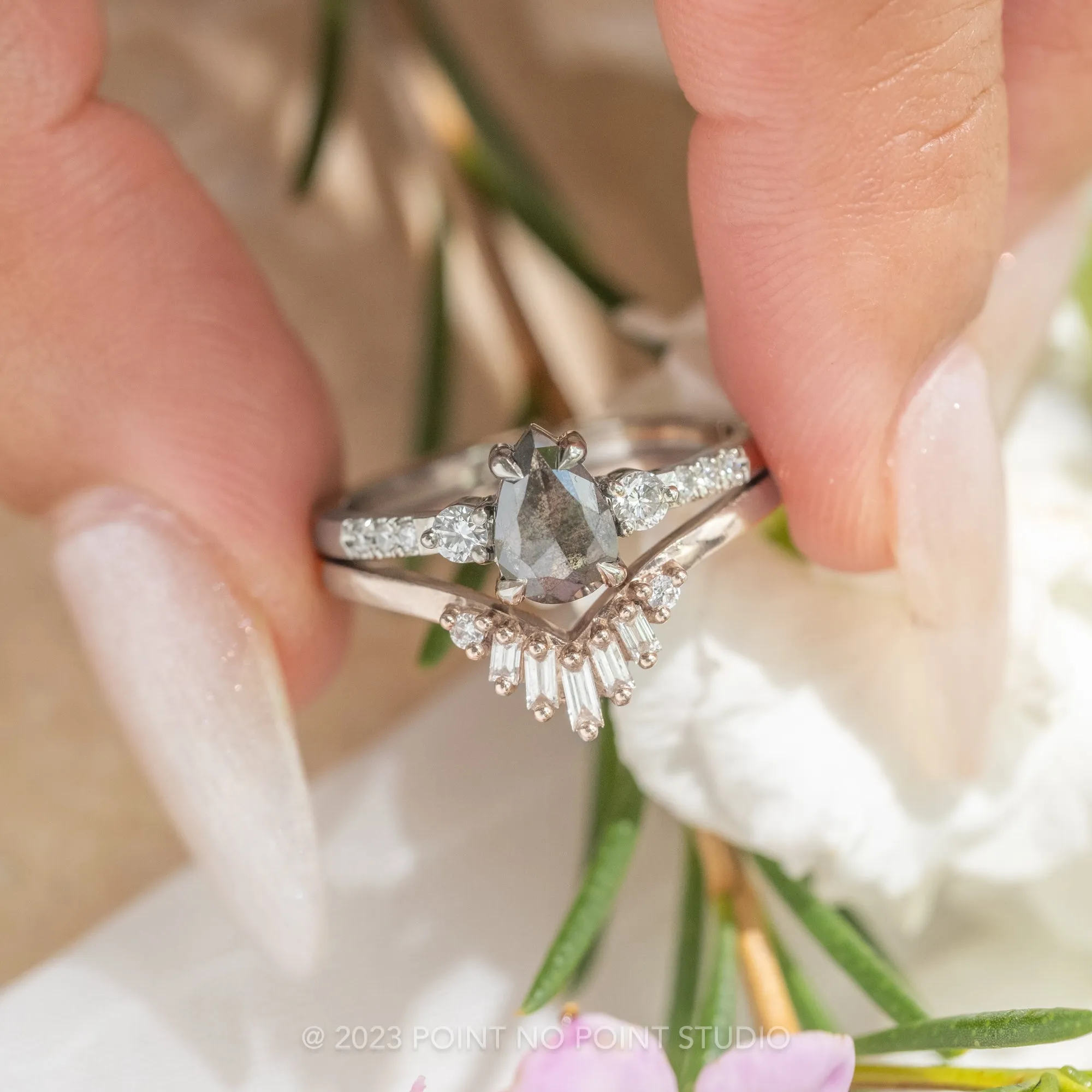 1.15 Carat Salt and Pepper Pear Diamond Engagement Ring, Eliza Setting, 14K White Gold