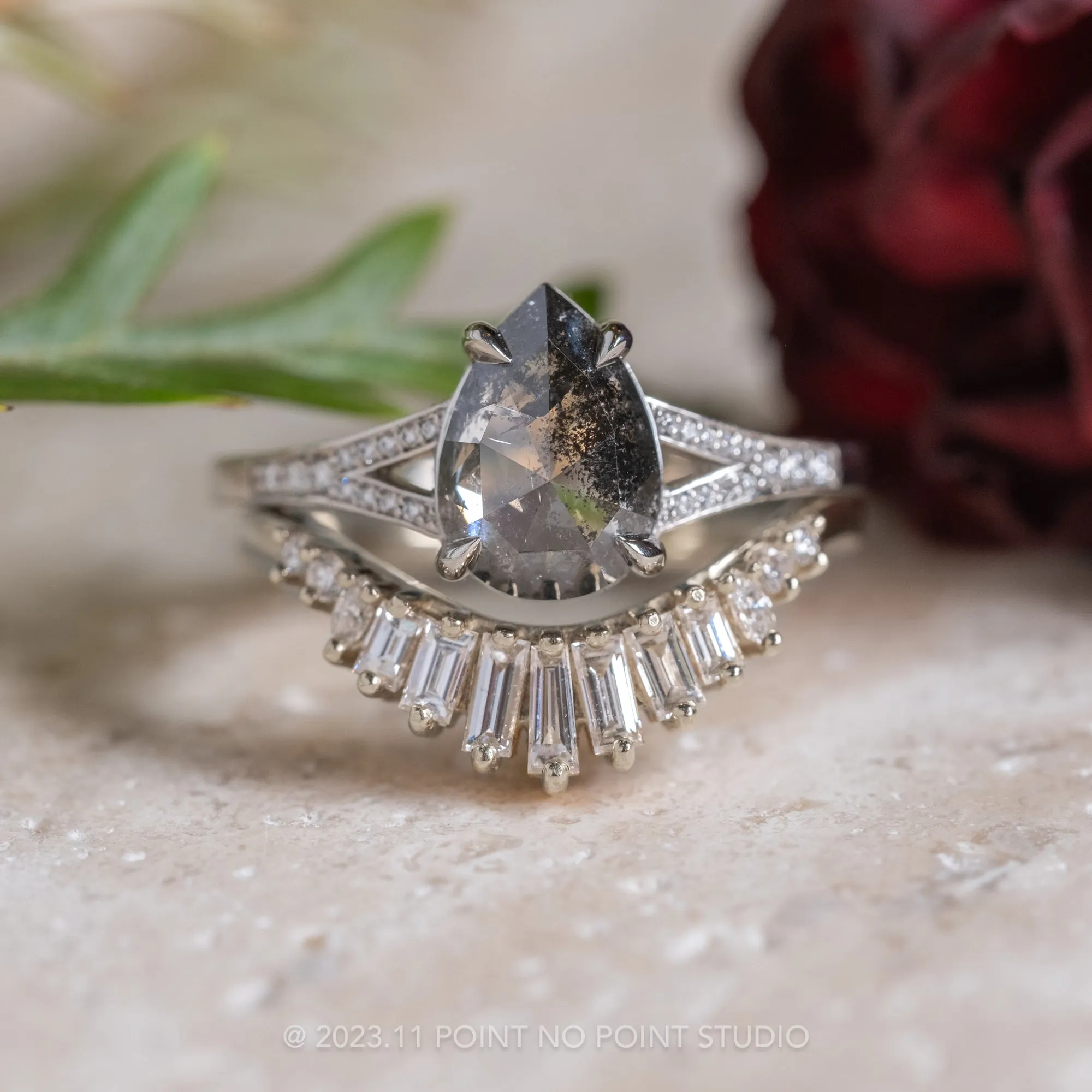 1.18 Carat Salt and Pepper Pear Diamond Engagement Ring, River Setting, 14k White Gold