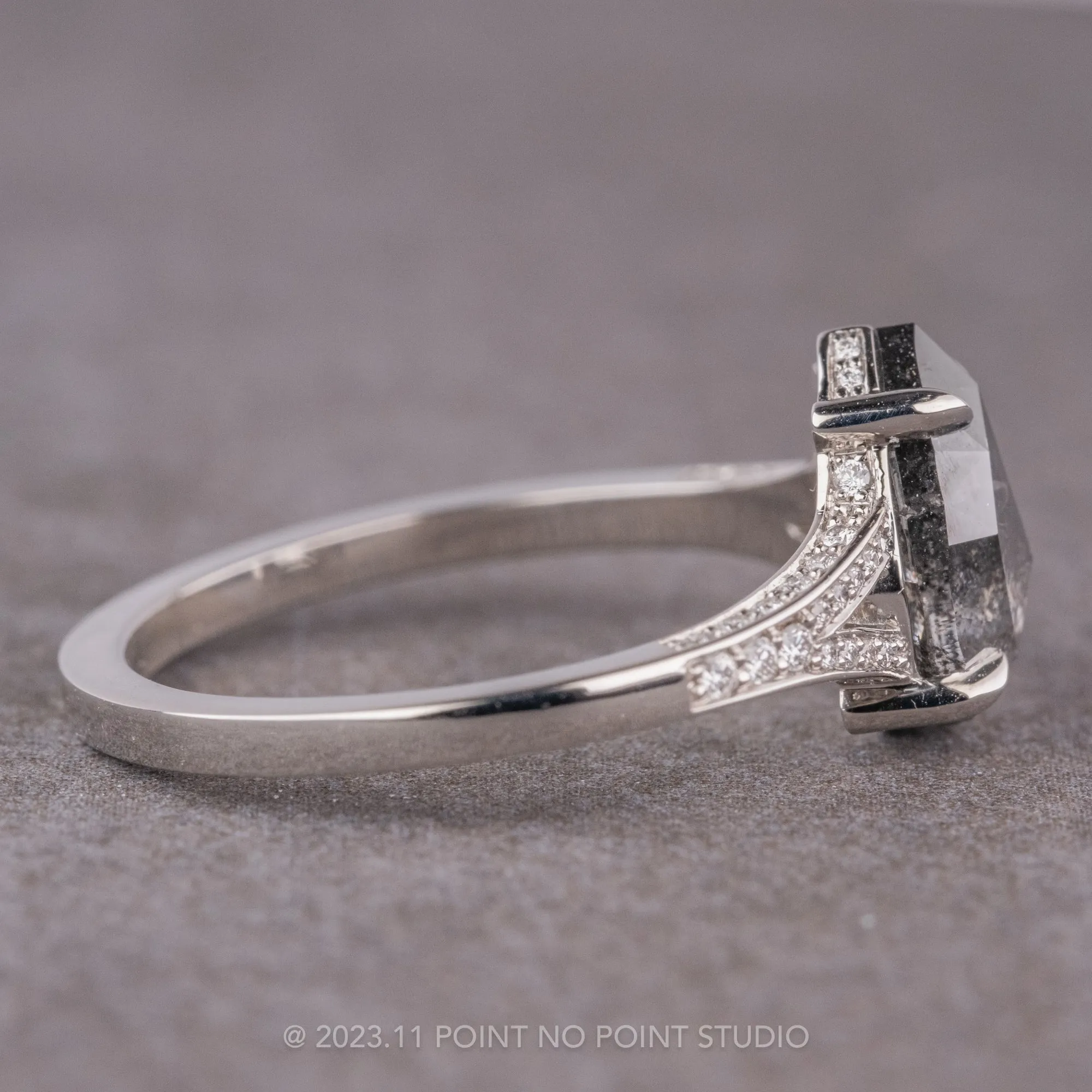 1.18 Carat Salt and Pepper Pear Diamond Engagement Ring, River Setting, 14k White Gold
