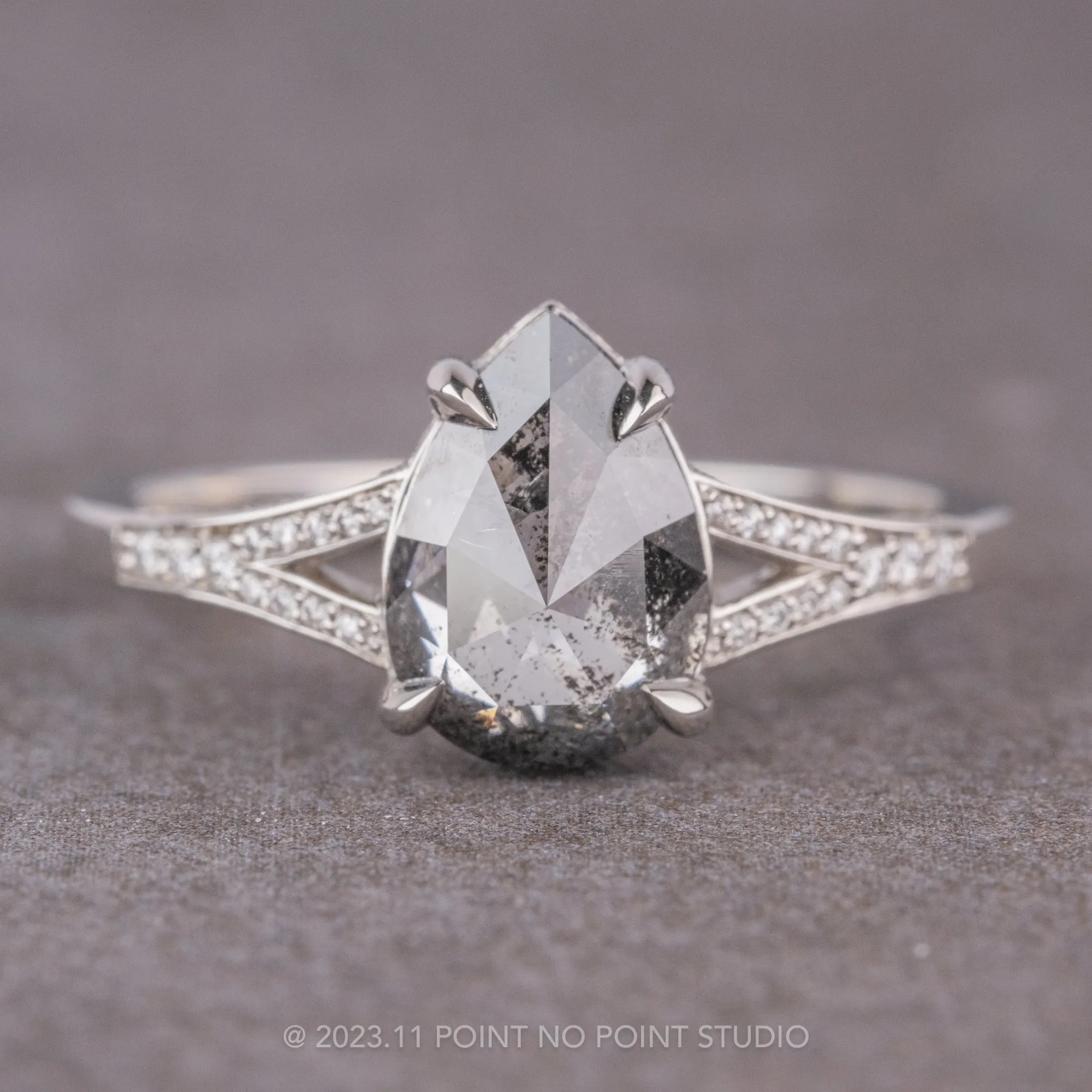1.18 Carat Salt and Pepper Pear Diamond Engagement Ring, River Setting, 14k White Gold