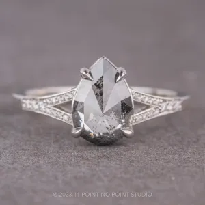 1.18 Carat Salt and Pepper Pear Diamond Engagement Ring, River Setting, 14k White Gold