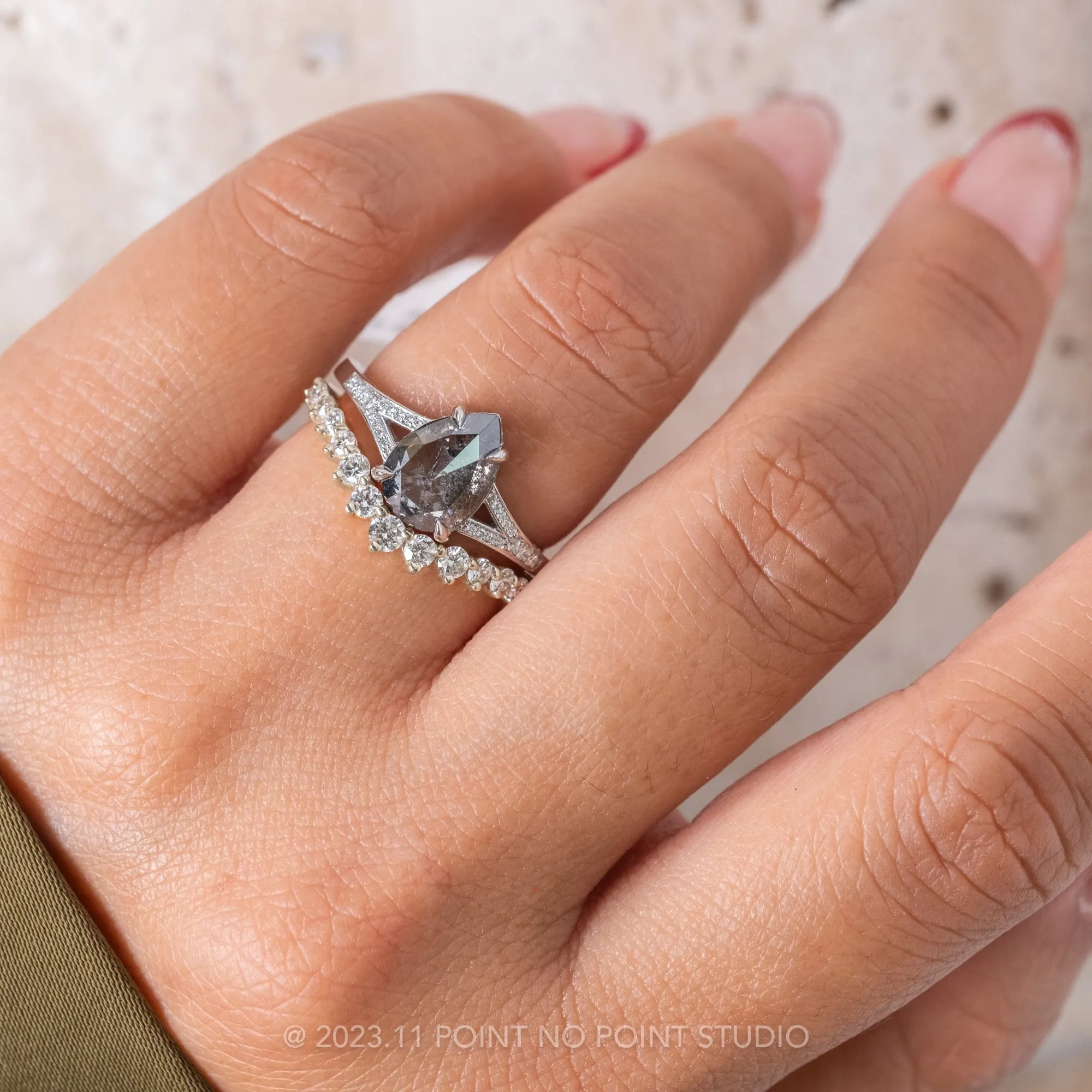 1.18 Carat Salt and Pepper Pear Diamond Engagement Ring, River Setting, 14k White Gold