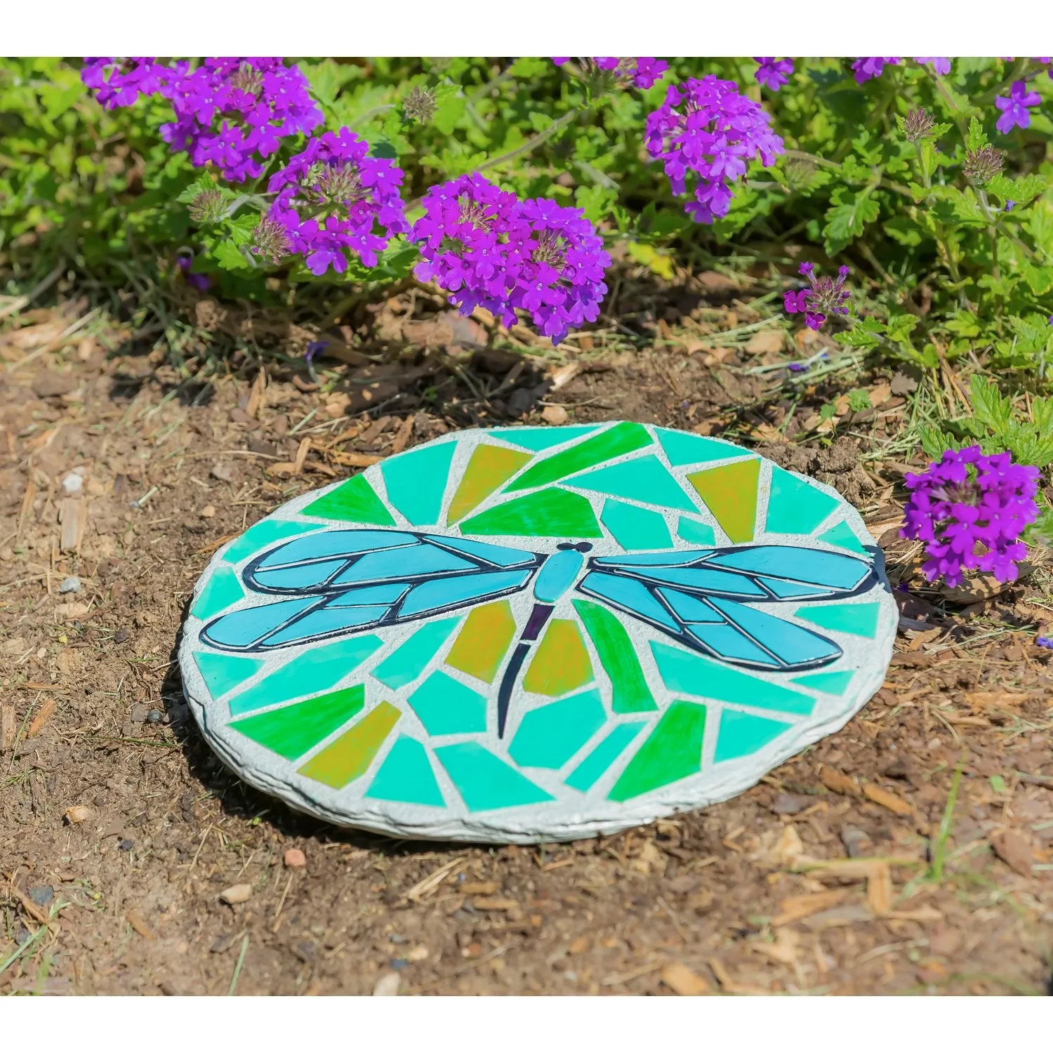 11" Round Garden Stone, Mosaic Dragonfly, 11.02"x11.02"x0.59"inches