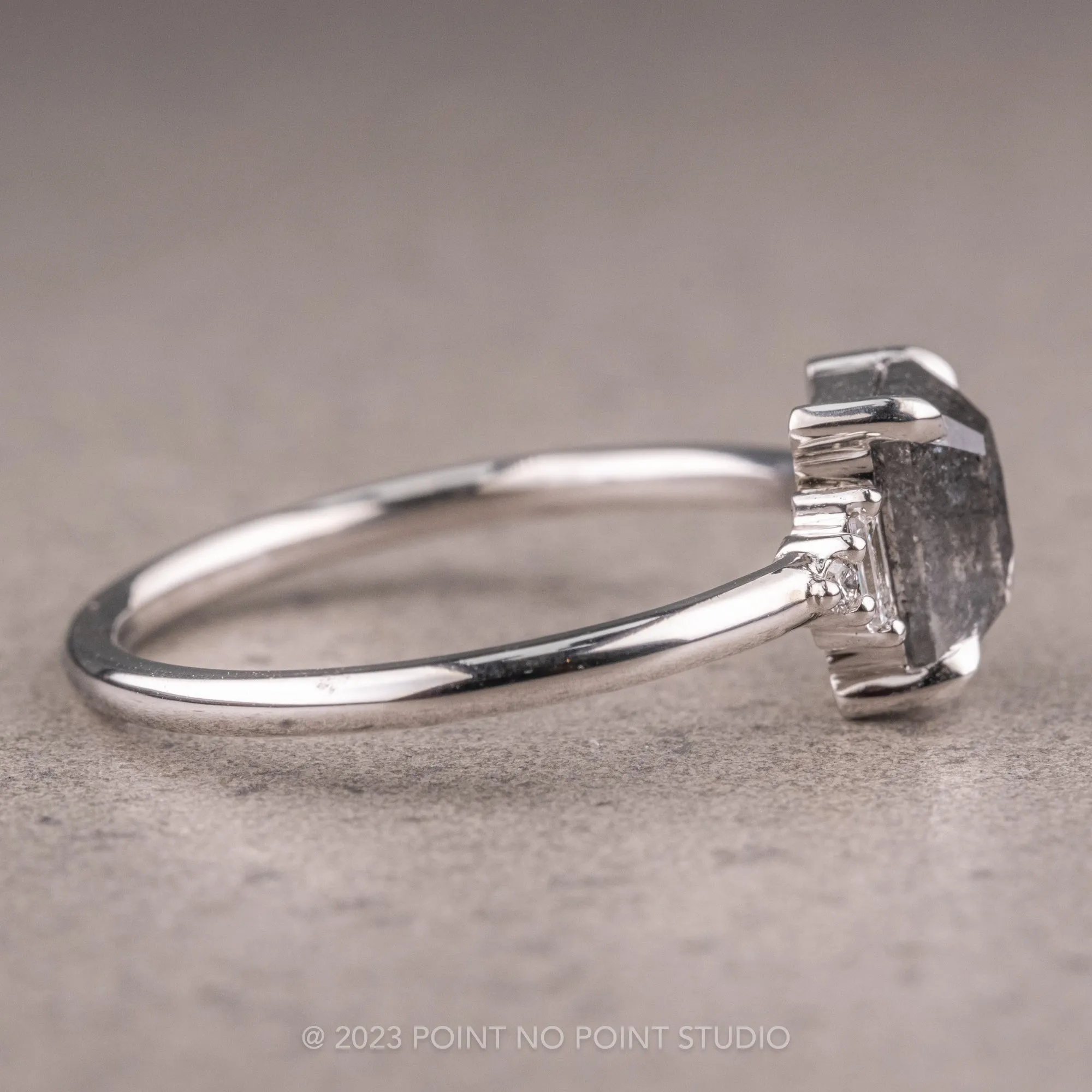 1.27 Carat Black Speckled Asscher Diamond Engagement Ring, Betty Setting, 14K White Gold