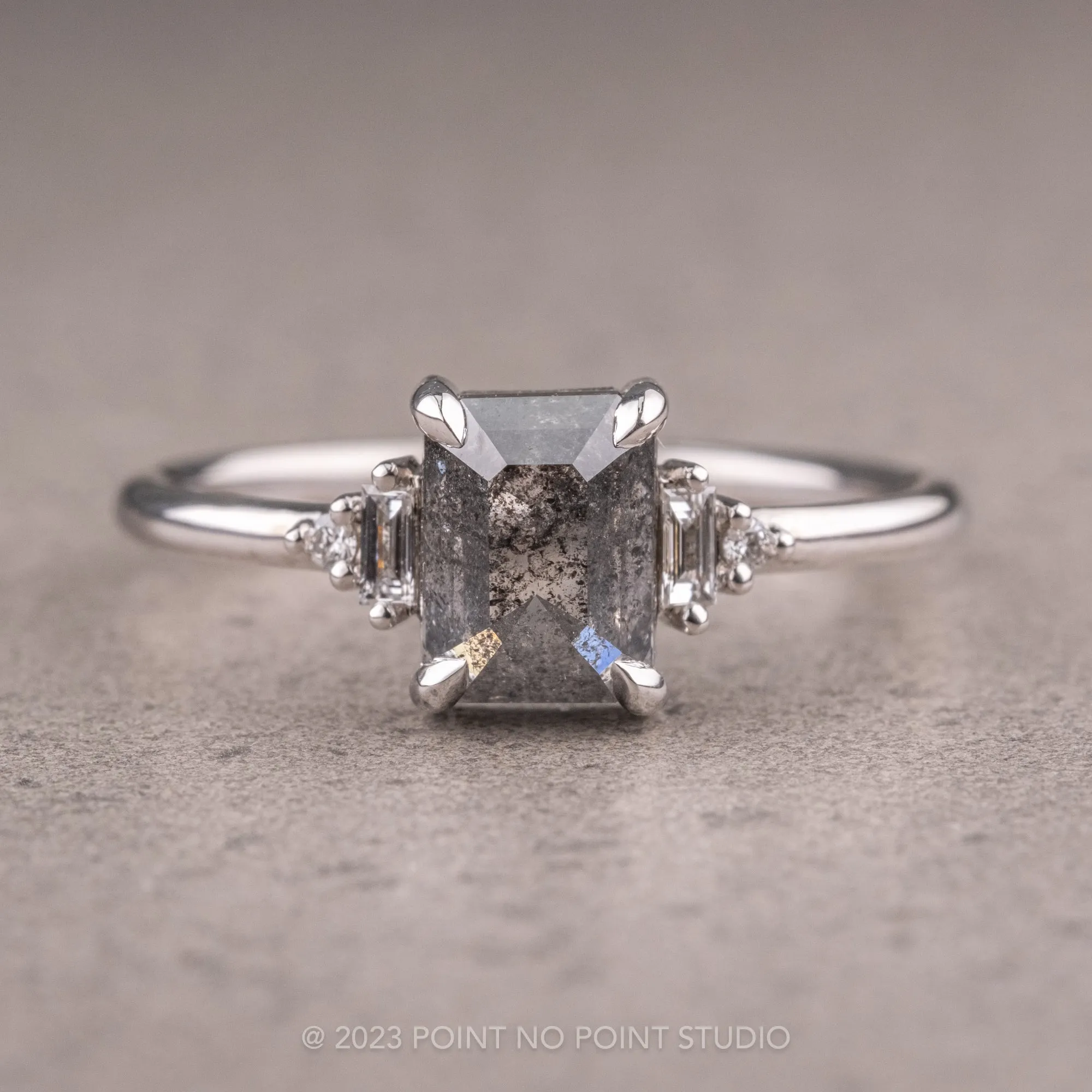 1.27 Carat Black Speckled Asscher Diamond Engagement Ring, Betty Setting, 14K White Gold