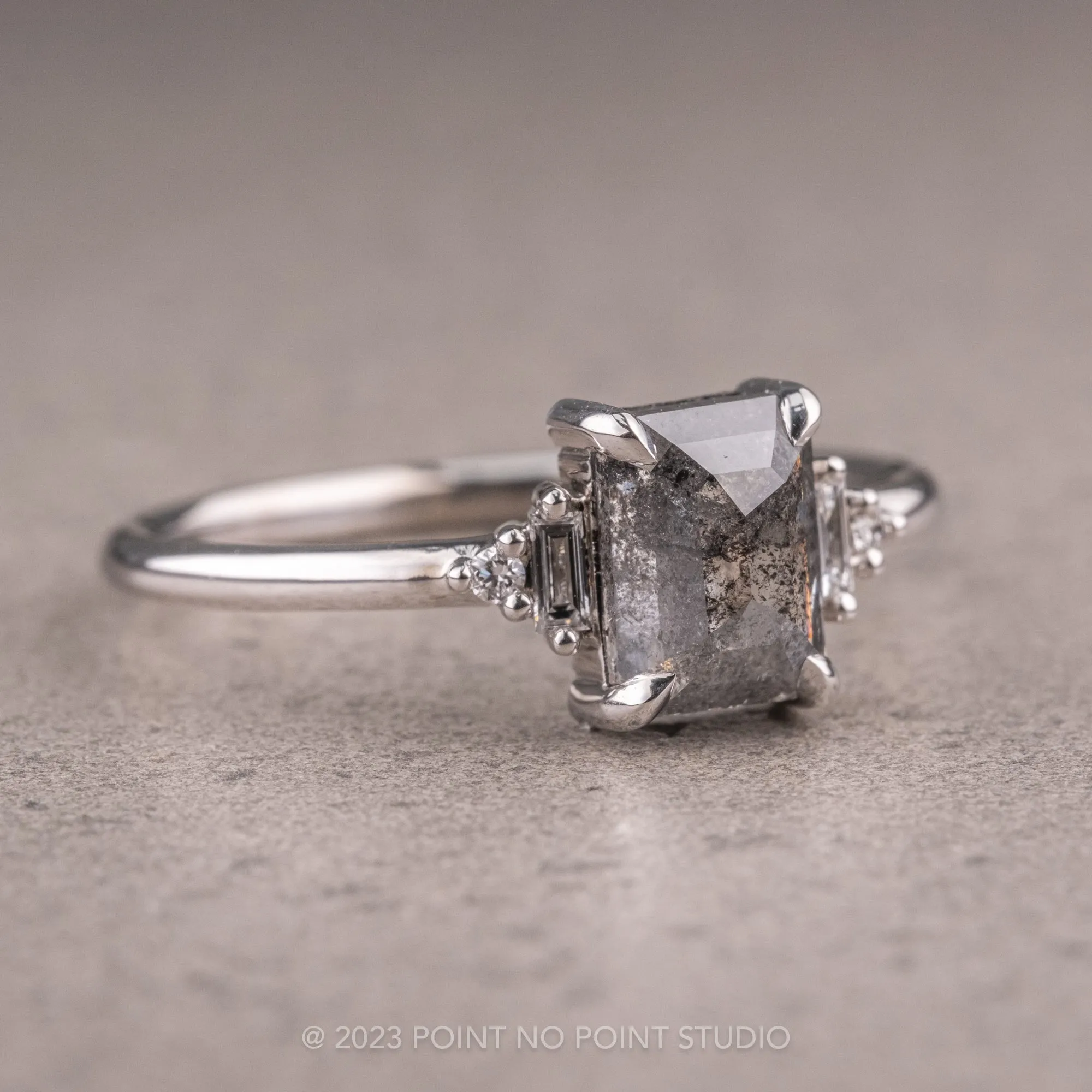 1.27 Carat Black Speckled Asscher Diamond Engagement Ring, Betty Setting, 14K White Gold