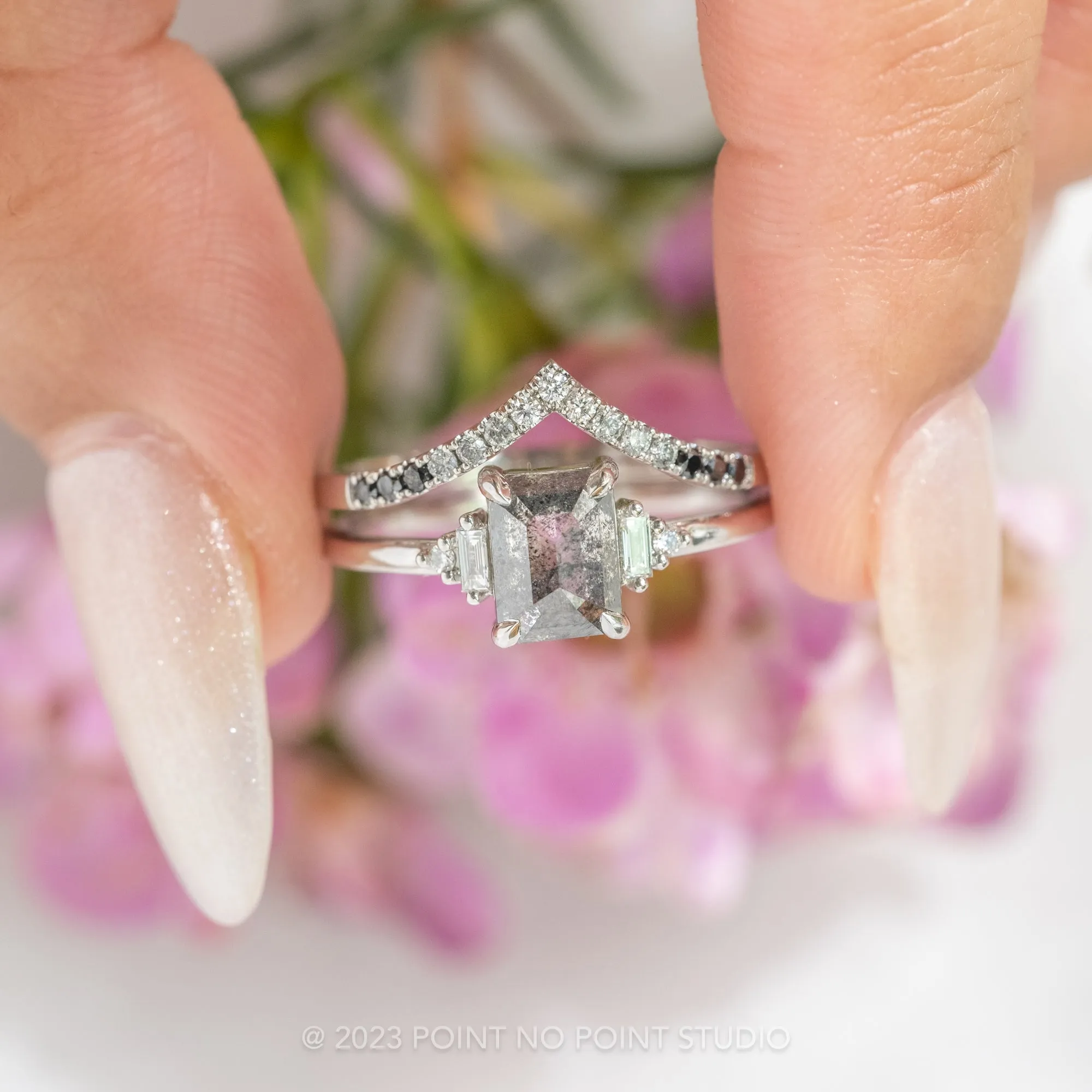 1.27 Carat Black Speckled Asscher Diamond Engagement Ring, Betty Setting, 14K White Gold