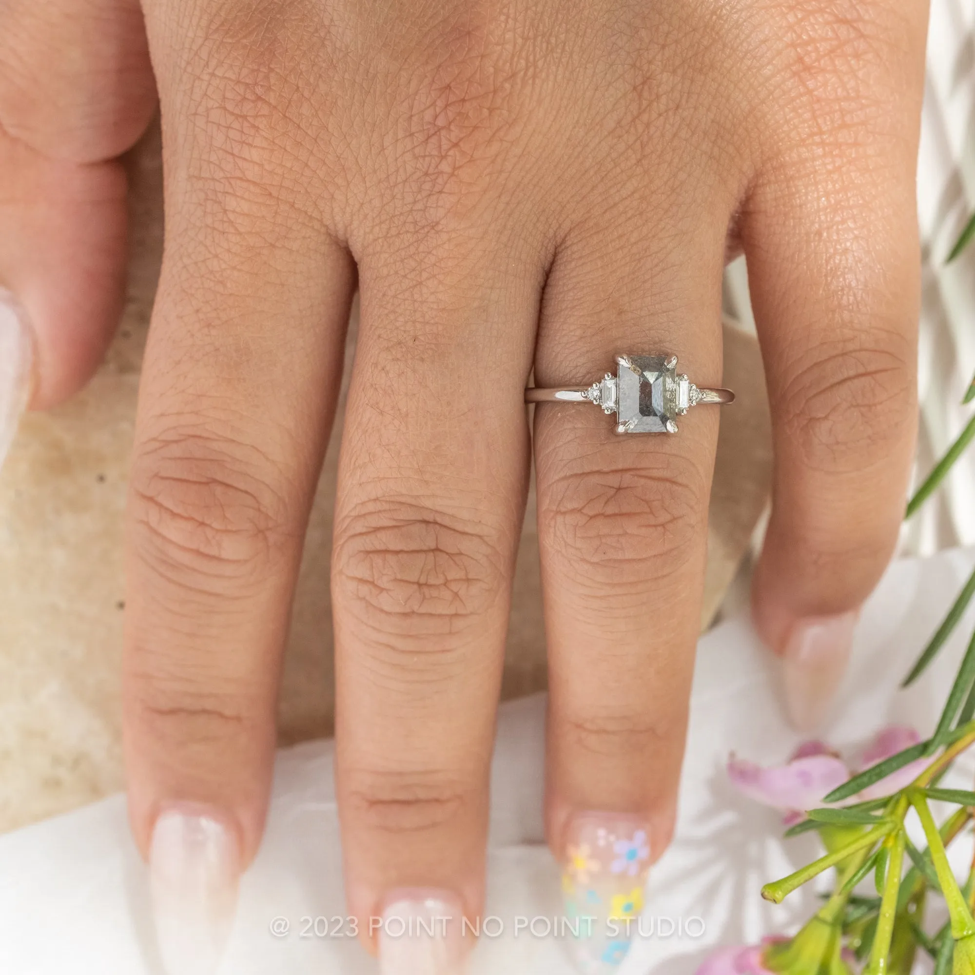 1.27 Carat Black Speckled Asscher Diamond Engagement Ring, Betty Setting, 14K White Gold