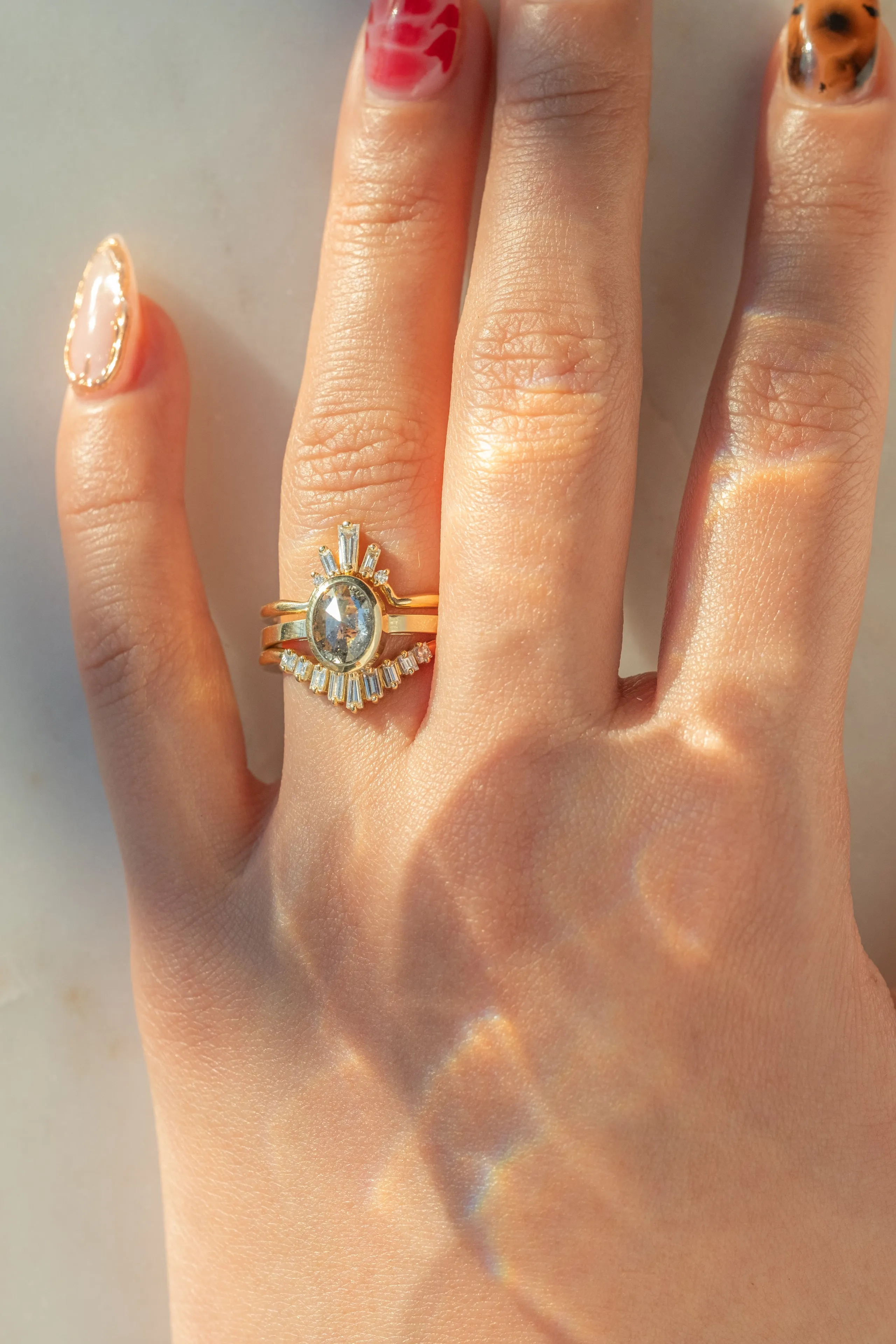 1.27 Carat Salt and Pepper Oval Diamond Engagement Ring, Bezel Jane Setting, 14k Yellow Gold