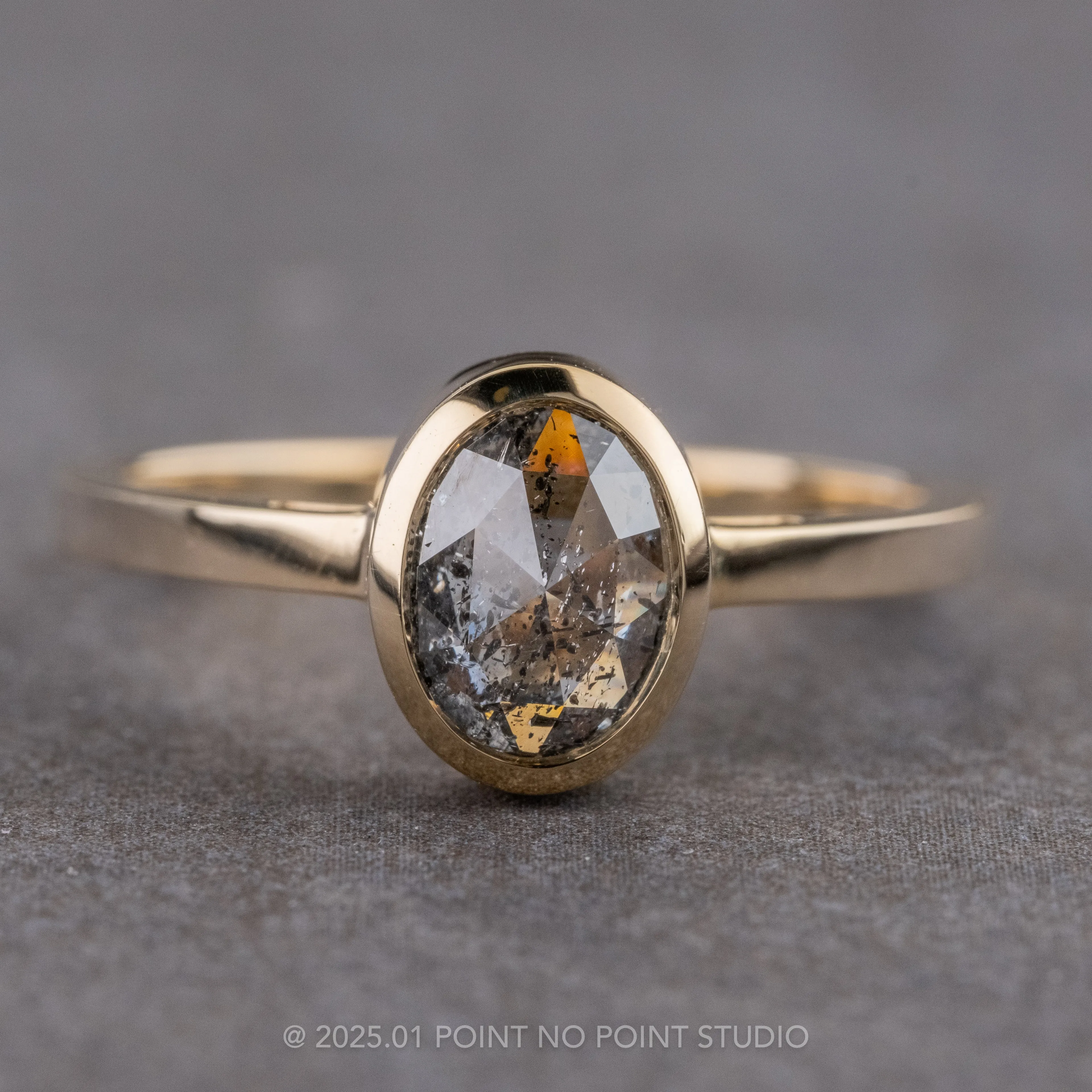 1.27 Carat Salt and Pepper Oval Diamond Engagement Ring, Bezel Jane Setting, 14k Yellow Gold