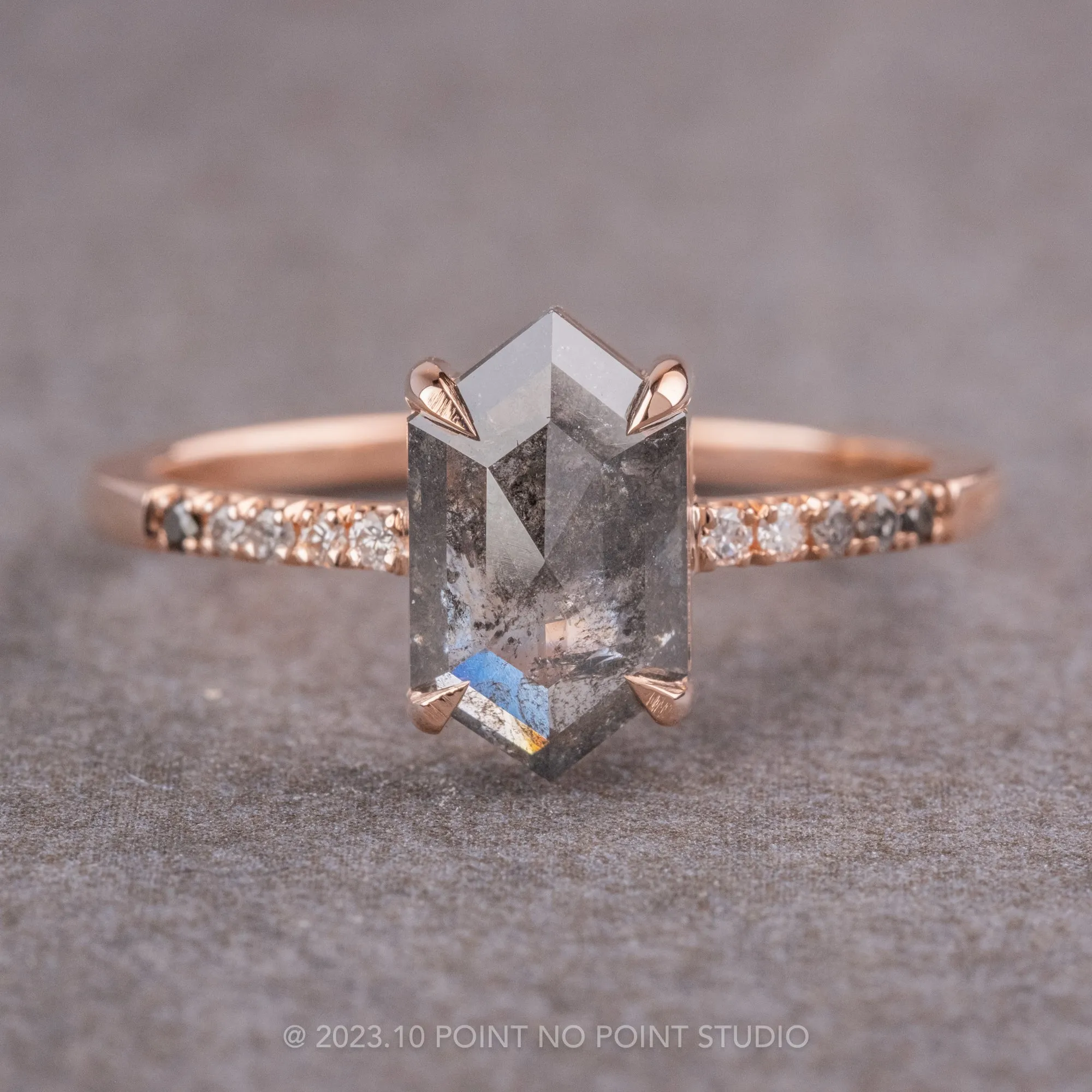 1.29 Carat Black Speckled Hexagon Diamond Engagement Ring, Ombre Jules Setting, 14k Rose Gold