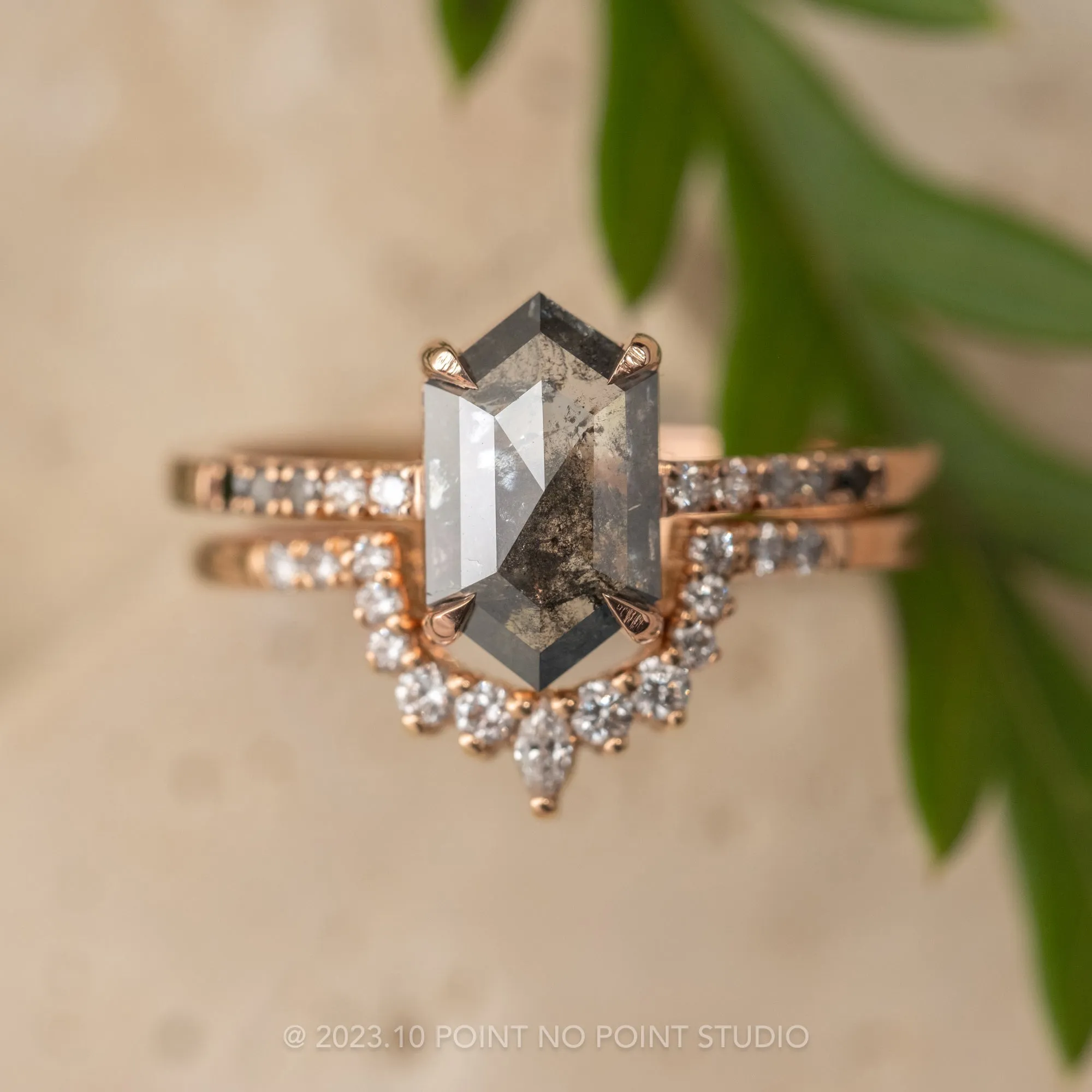 1.29 Carat Black Speckled Hexagon Diamond Engagement Ring, Ombre Jules Setting, 14k Rose Gold