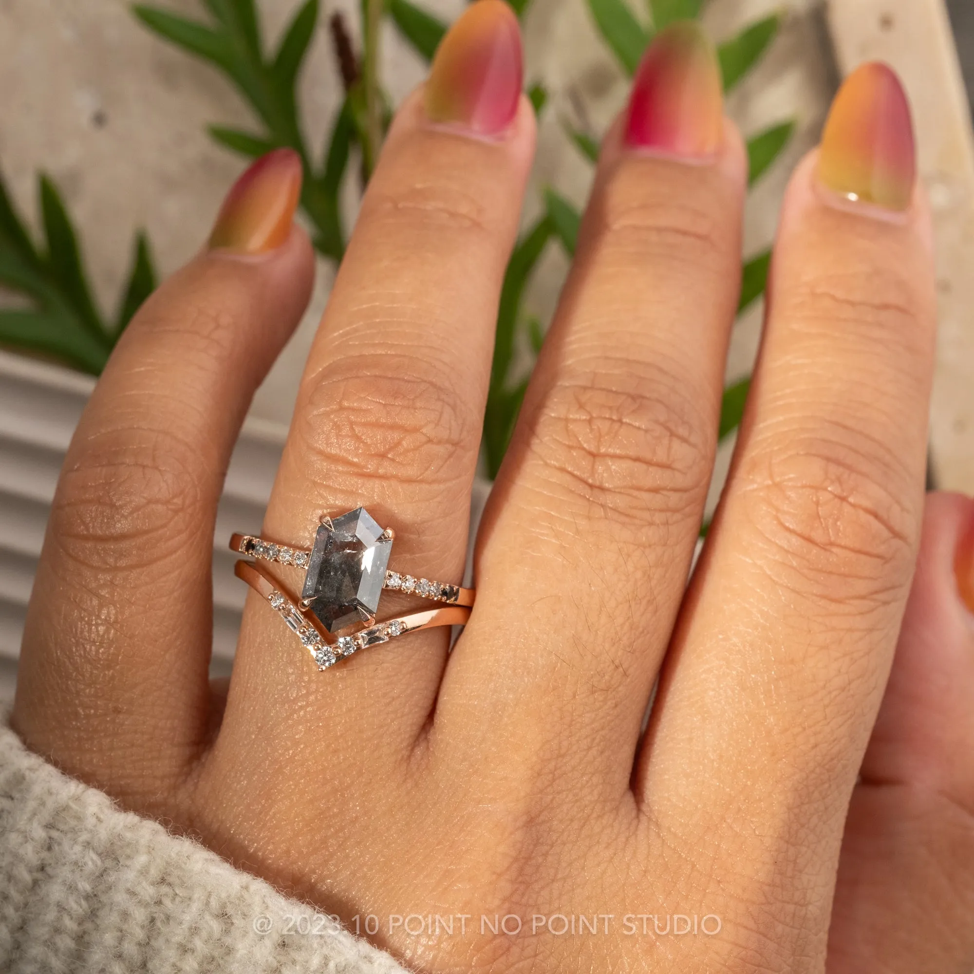 1.29 Carat Black Speckled Hexagon Diamond Engagement Ring, Ombre Jules Setting, 14k Rose Gold