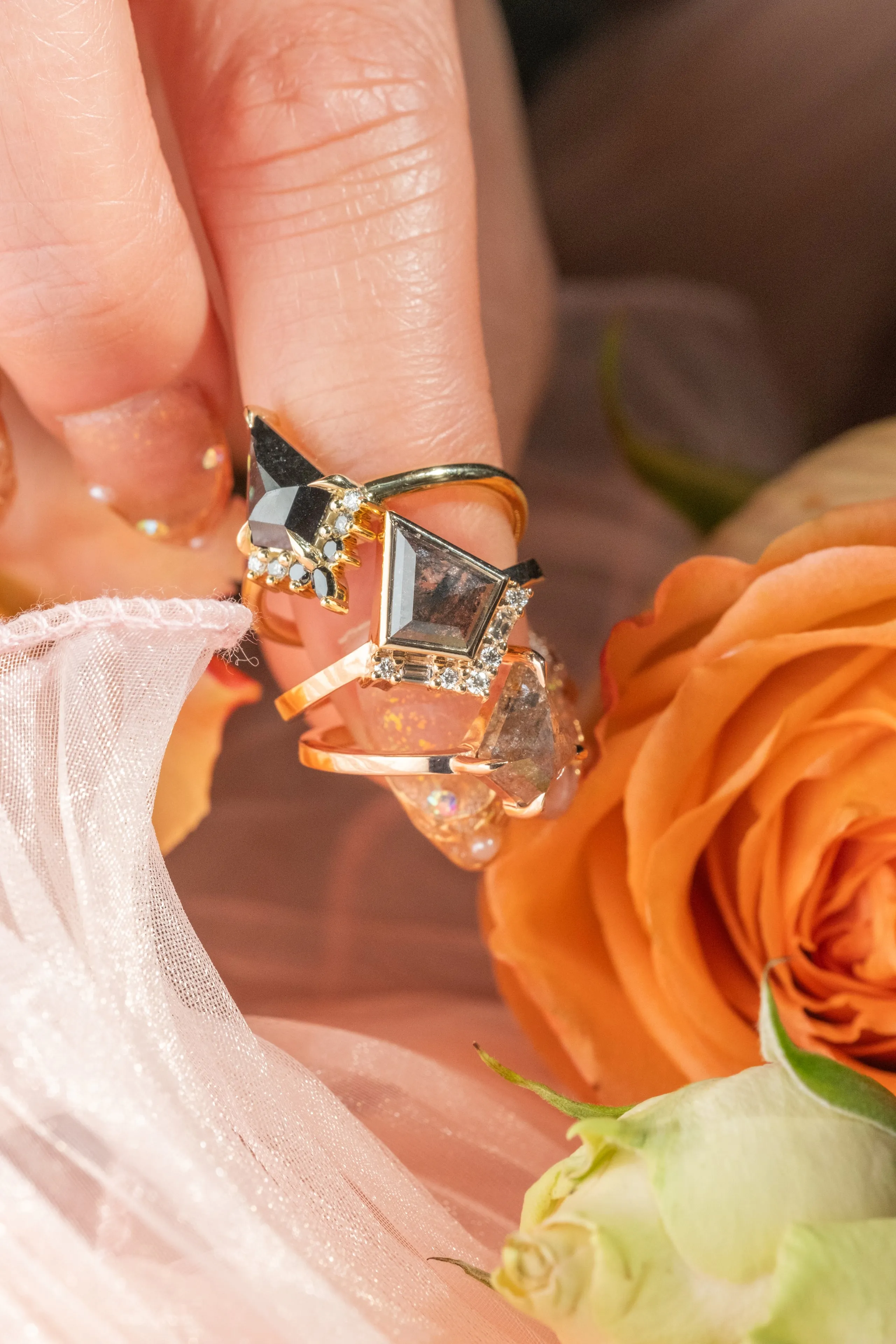 1.29 Carat Black Speckled Kite Diamond Engagement Ring, Bezel Paloma Setting, 14K Peach Gold