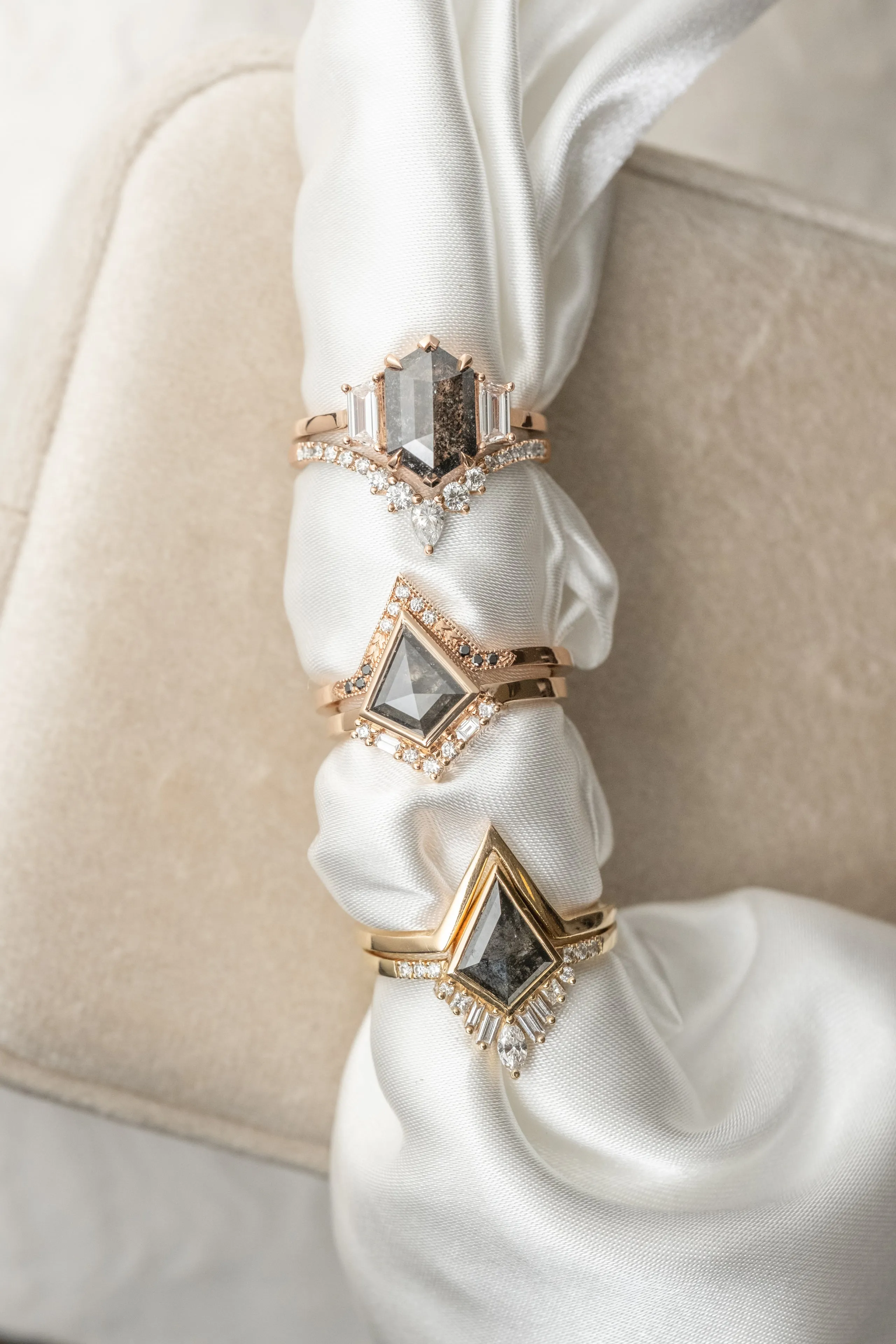1.29 Carat Black Speckled Kite Diamond Engagement Ring, Bezel Paloma Setting, 14K Peach Gold