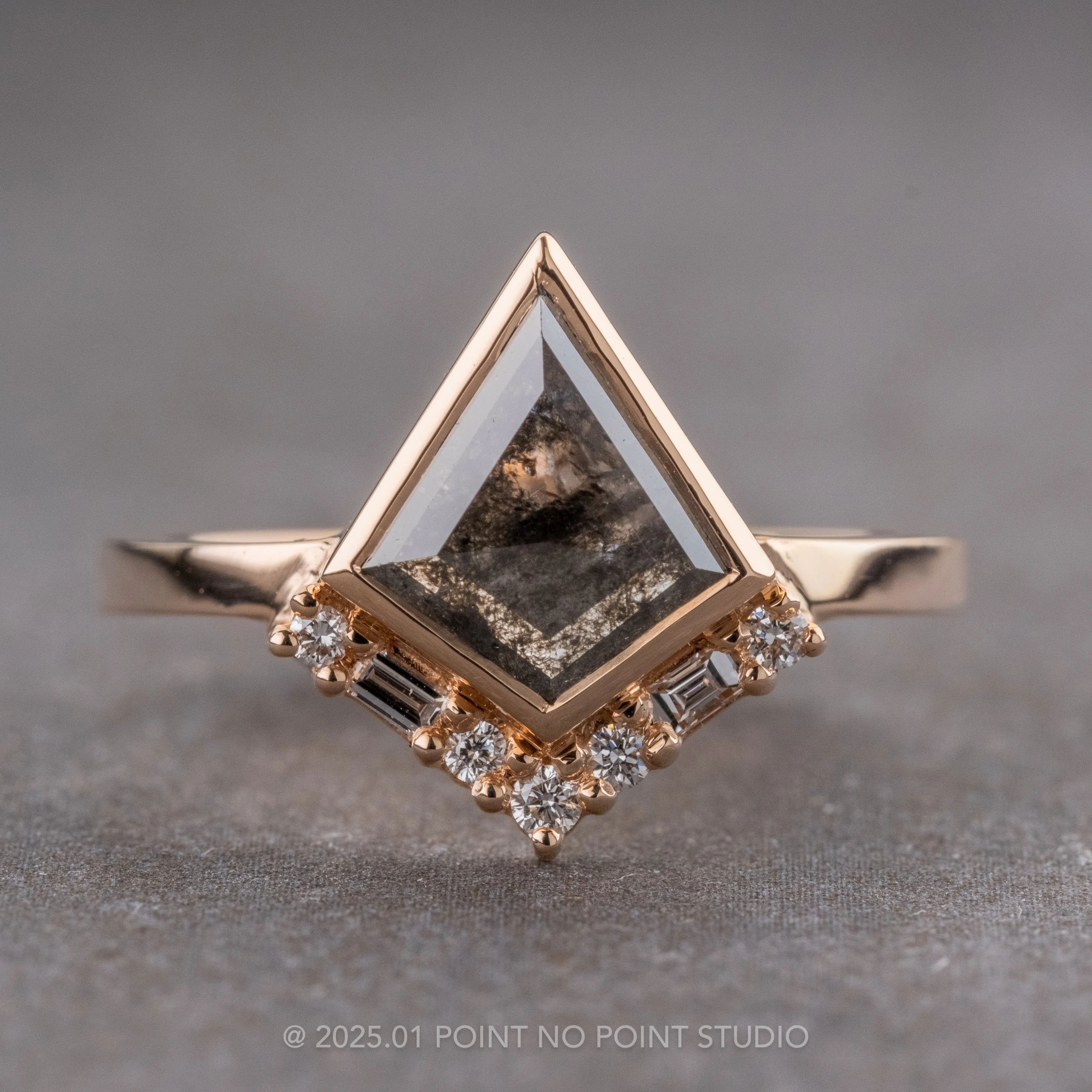 1.29 Carat Black Speckled Kite Diamond Engagement Ring, Bezel Paloma Setting, 14K Peach Gold