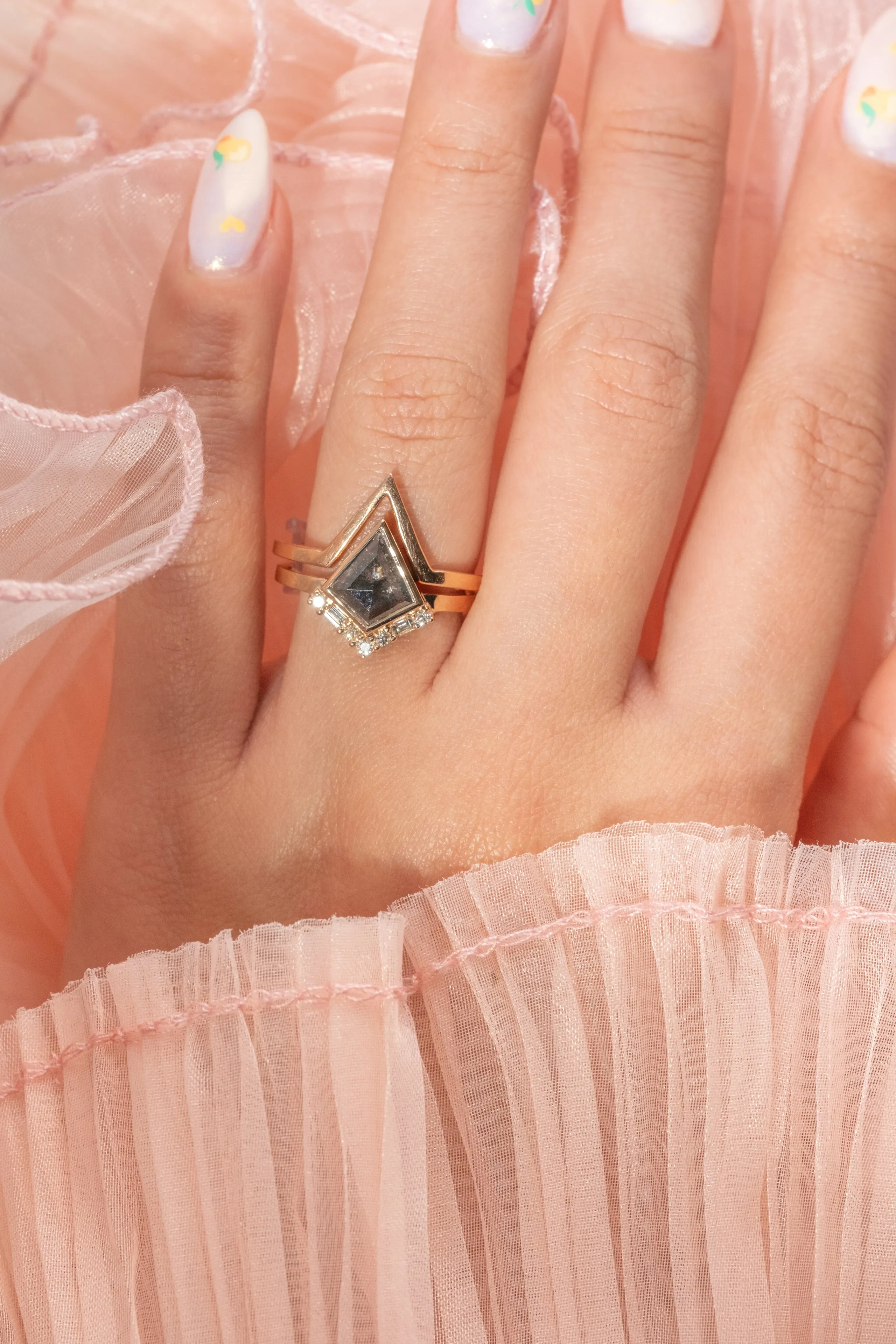 1.29 Carat Black Speckled Kite Diamond Engagement Ring, Bezel Paloma Setting, 14K Peach Gold