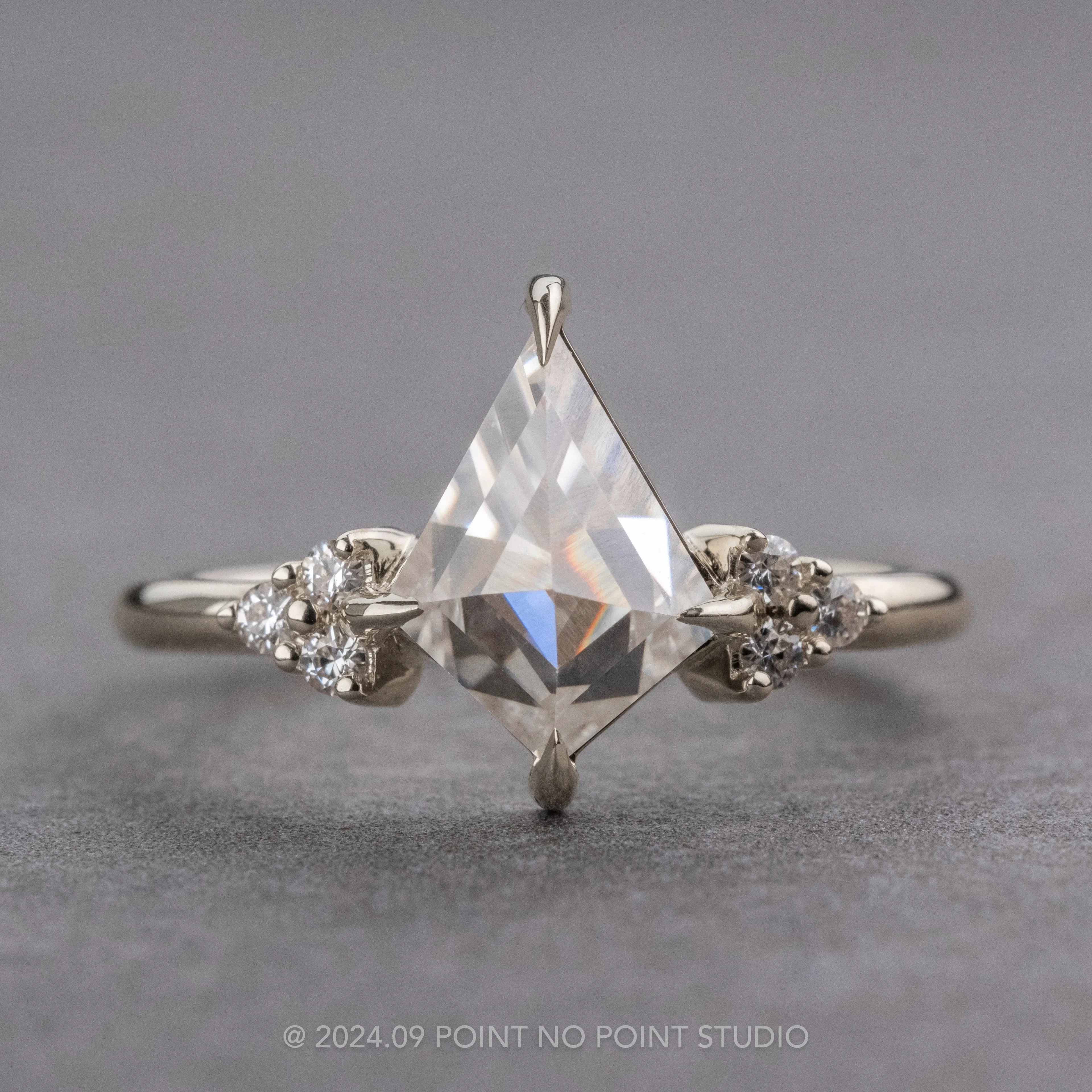1.36 Carat Kite Moissanite and Diamond Engagement Ring, Quinn Setting, Platinum