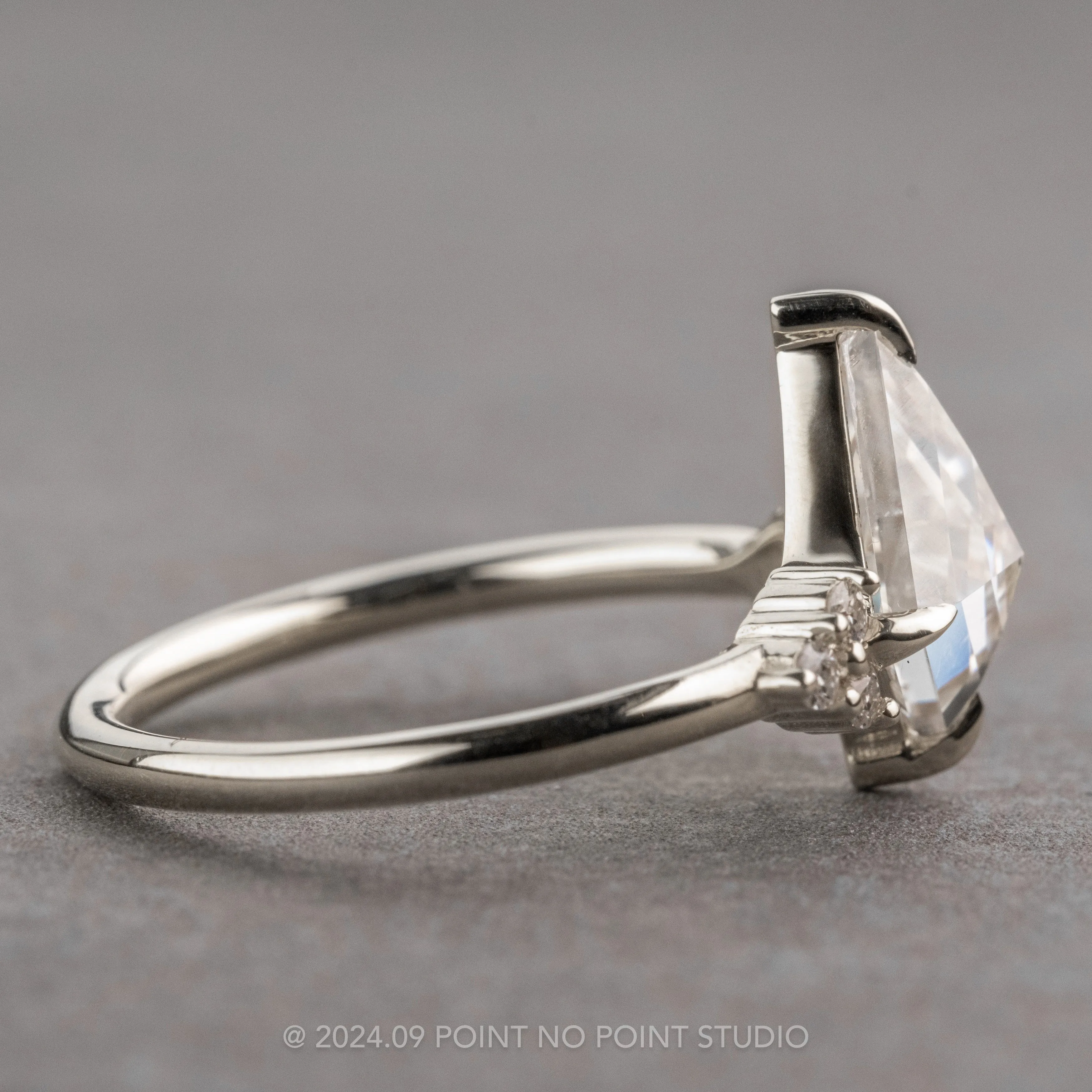 1.36 Carat Kite Moissanite and Diamond Engagement Ring, Quinn Setting, Platinum