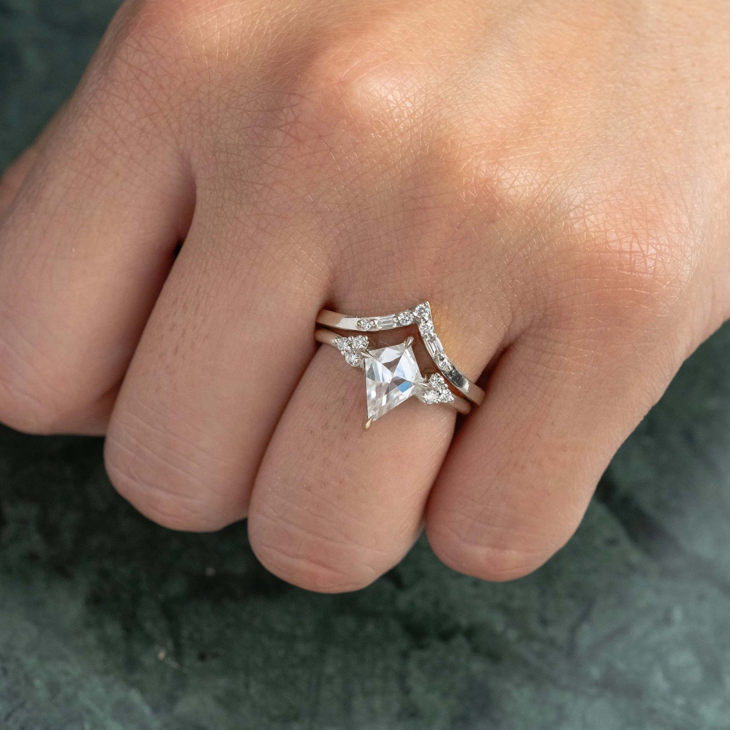 1.36 Carat Kite Moissanite and Diamond Engagement Ring, Quinn Setting, Platinum
