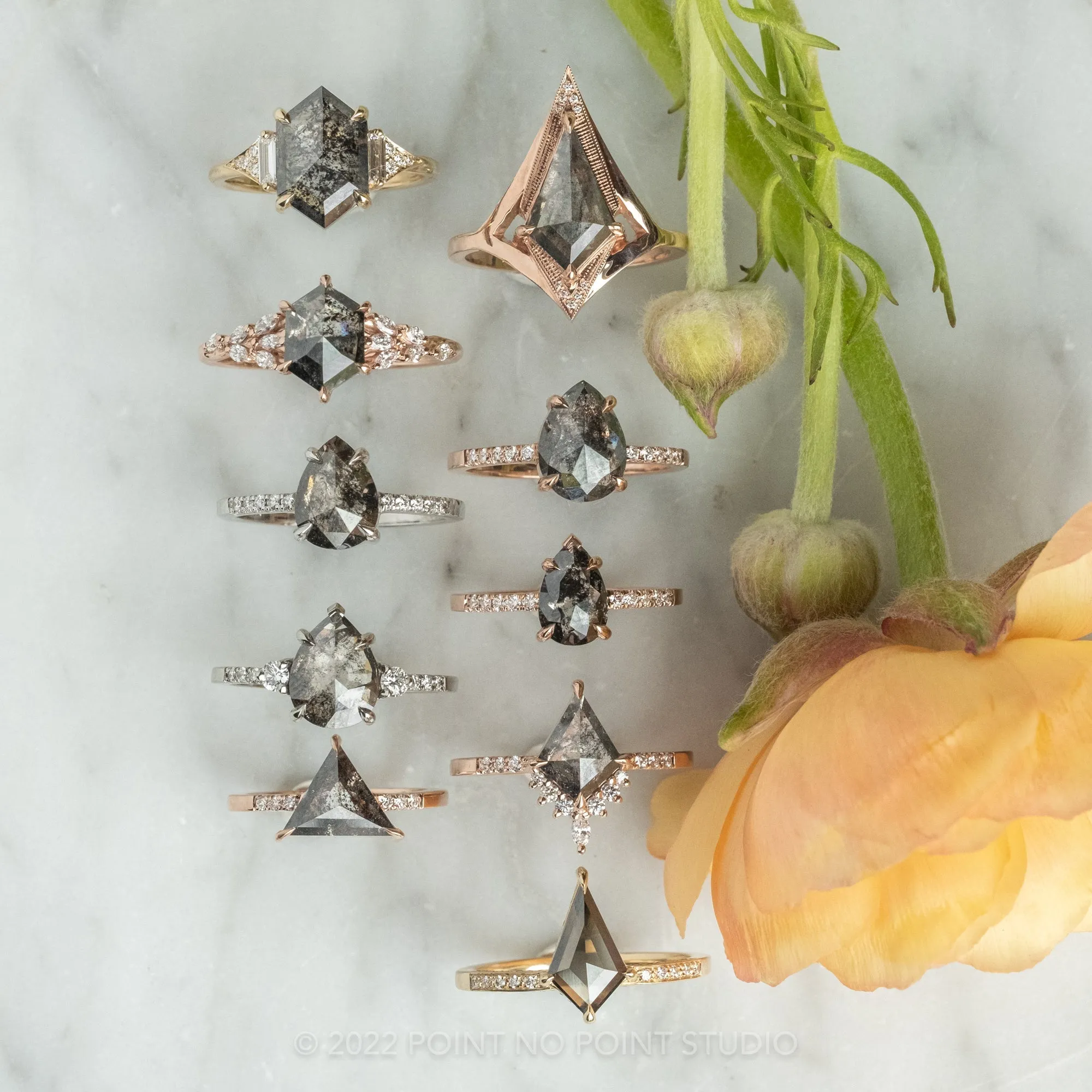 1.37 Carat Salt and Pepper Kite Diamond Engagement Ring, Arwen Setting, 14K Rose Gold