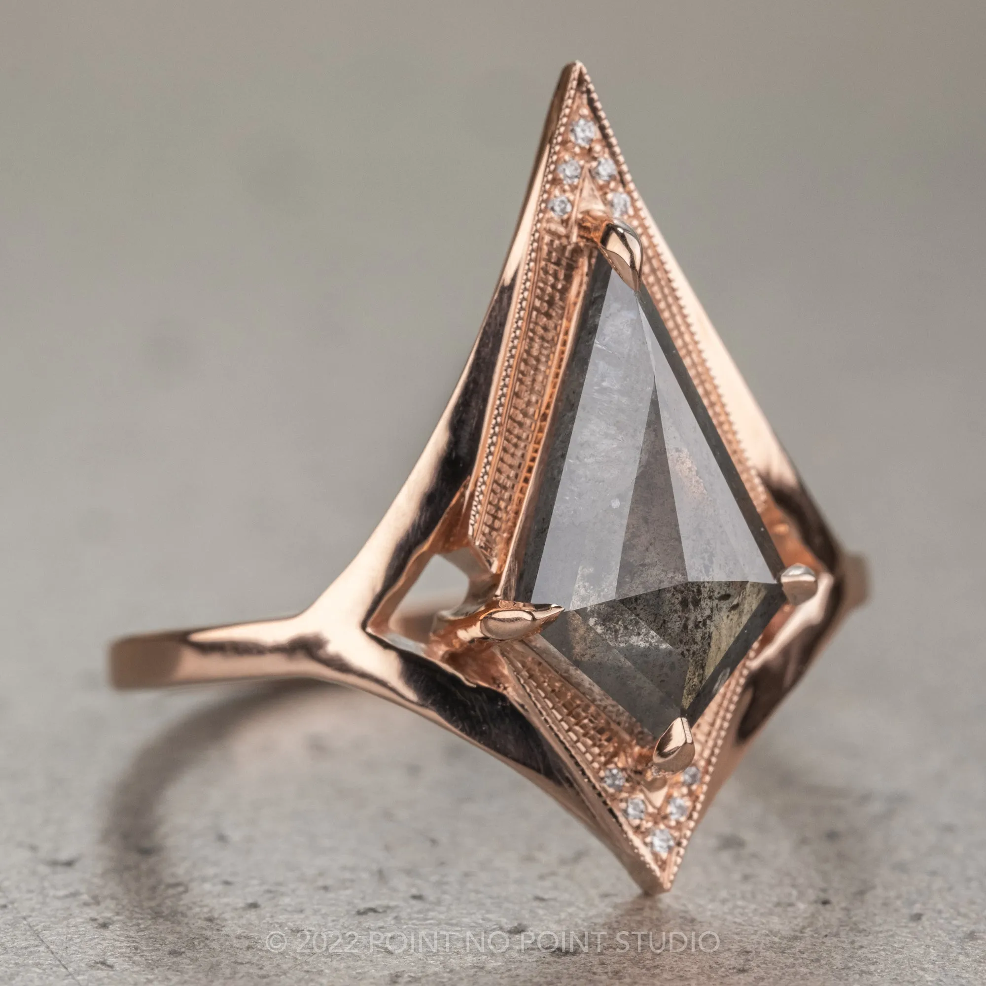 1.37 Carat Salt and Pepper Kite Diamond Engagement Ring, Arwen Setting, 14K Rose Gold