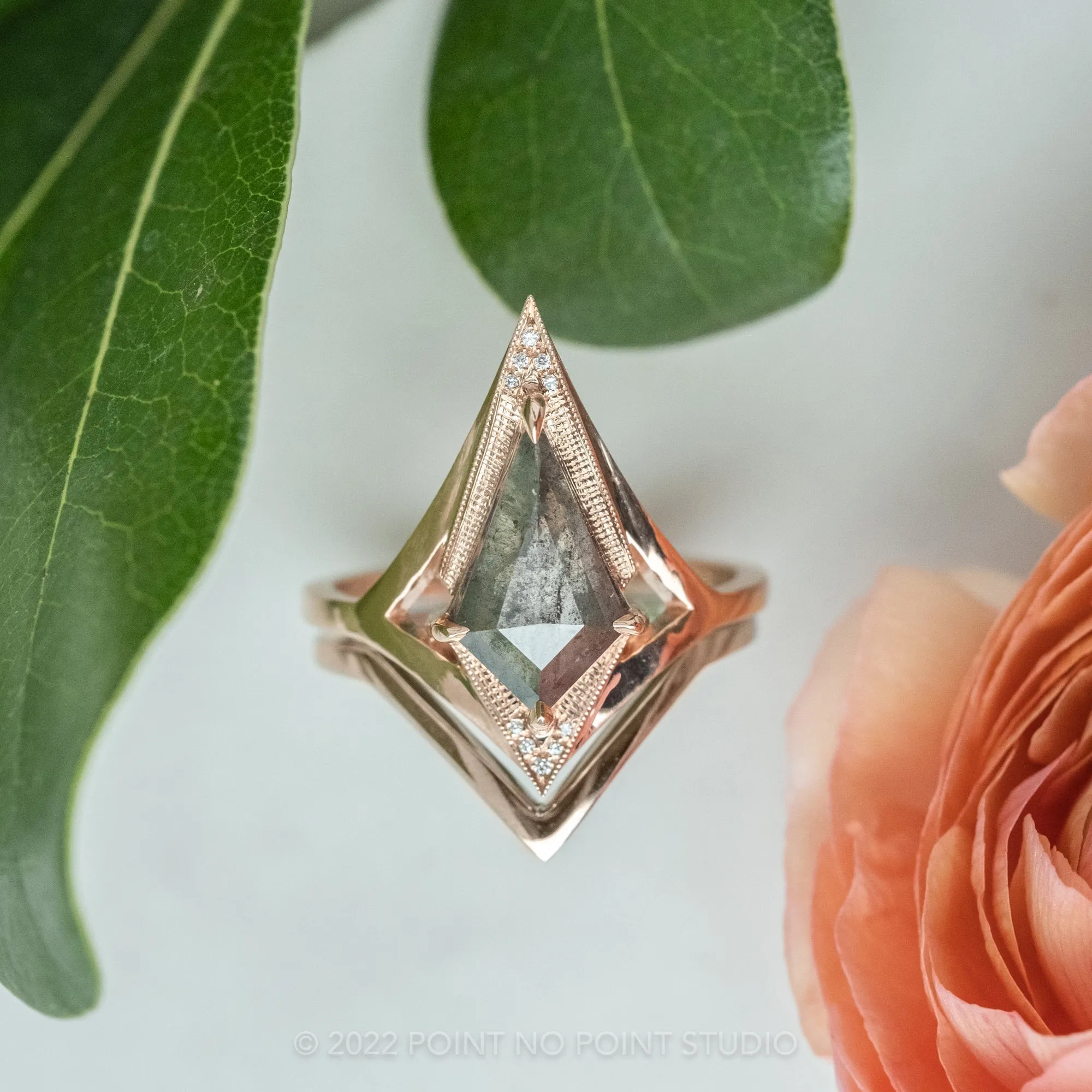 1.37 Carat Salt and Pepper Kite Diamond Engagement Ring, Arwen Setting, 14K Rose Gold