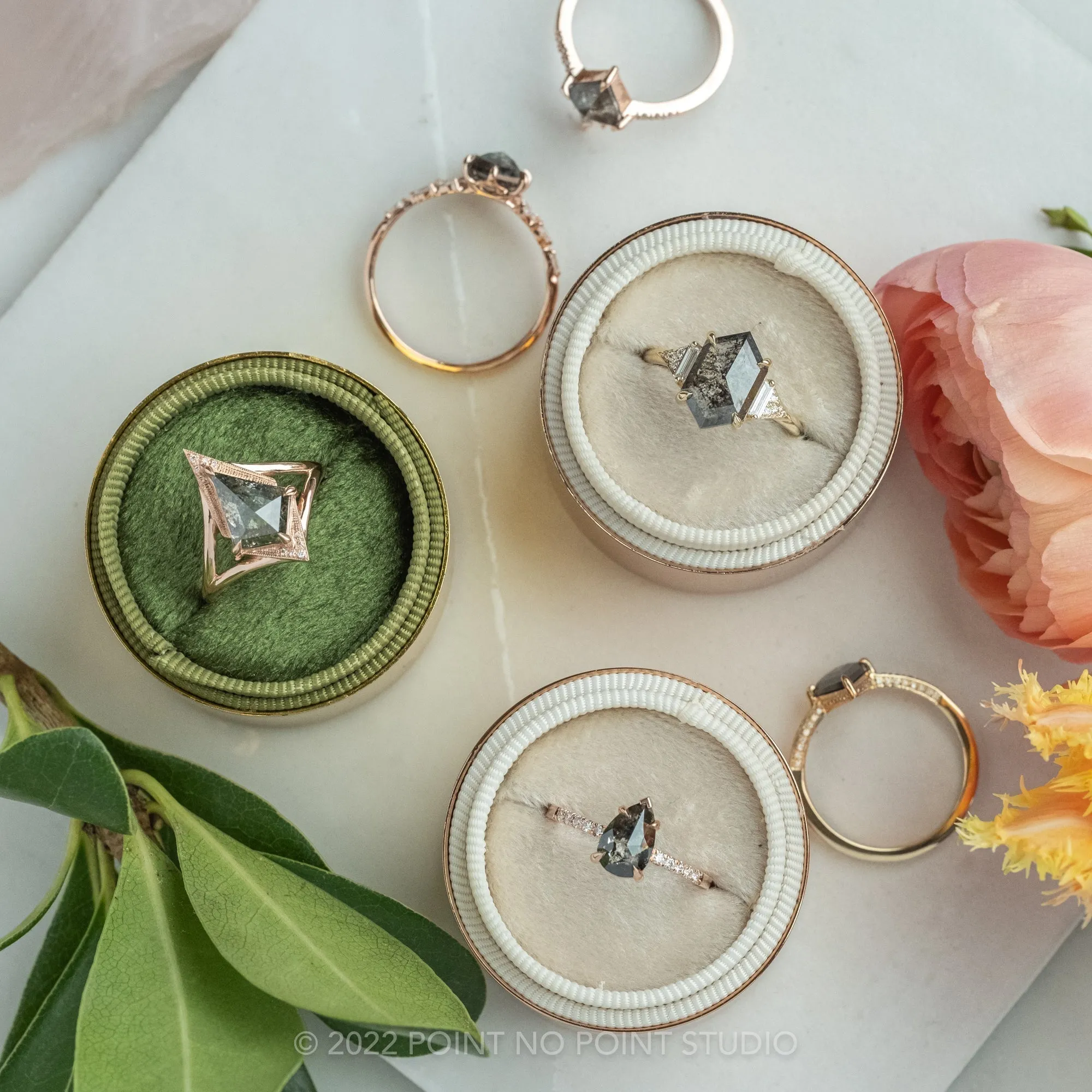 1.37 Carat Salt and Pepper Kite Diamond Engagement Ring, Arwen Setting, 14K Rose Gold
