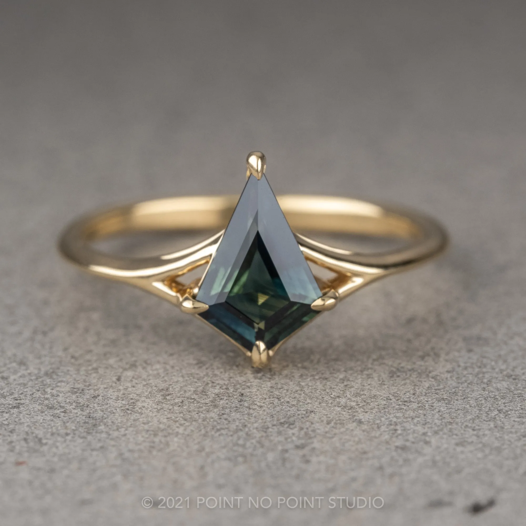 1.39 Carat Teal Kite Sapphire Engagement Ring, Split Shank Jane Setting, 14K Yellow Gold