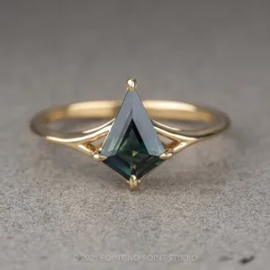 1.39 Carat Teal Kite Sapphire Engagement Ring, Split Shank Jane Setting, 14K Yellow Gold