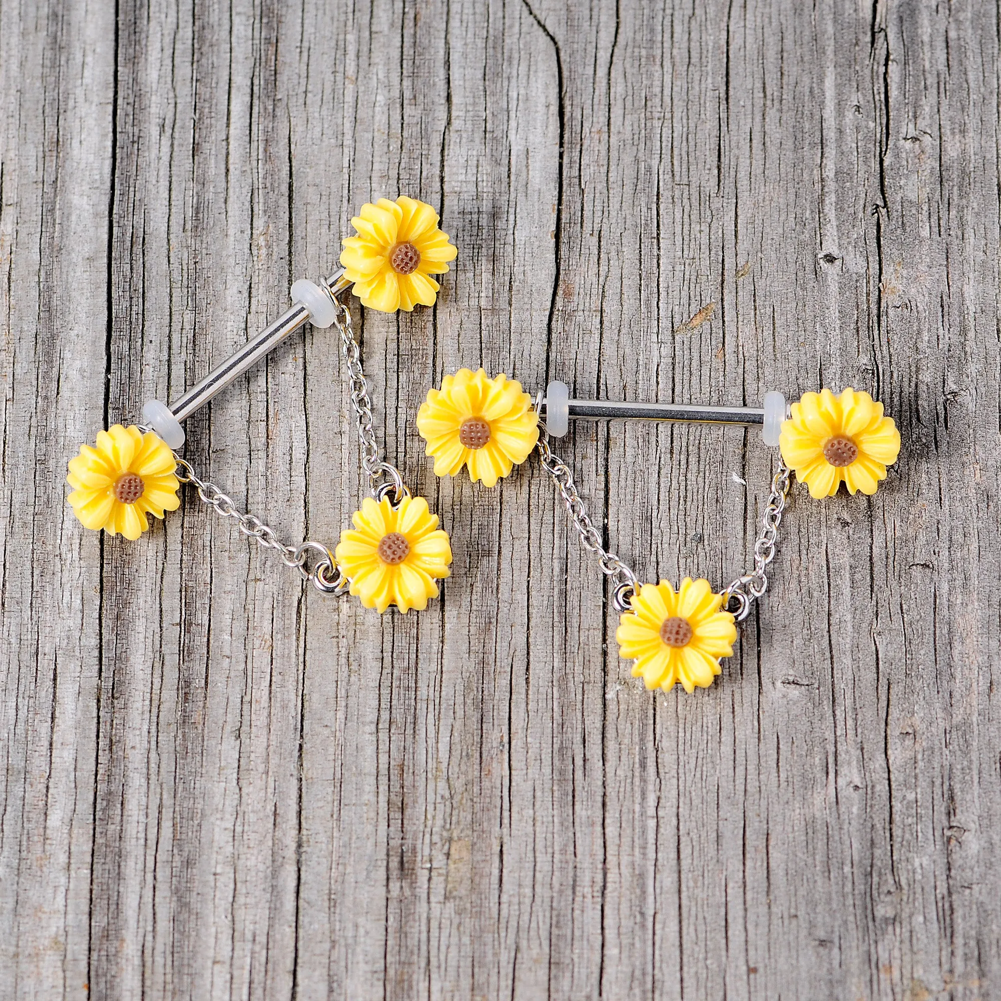 14 Gauge 5/8 Yellow Sunflowers Dangle Nipple Ring Set