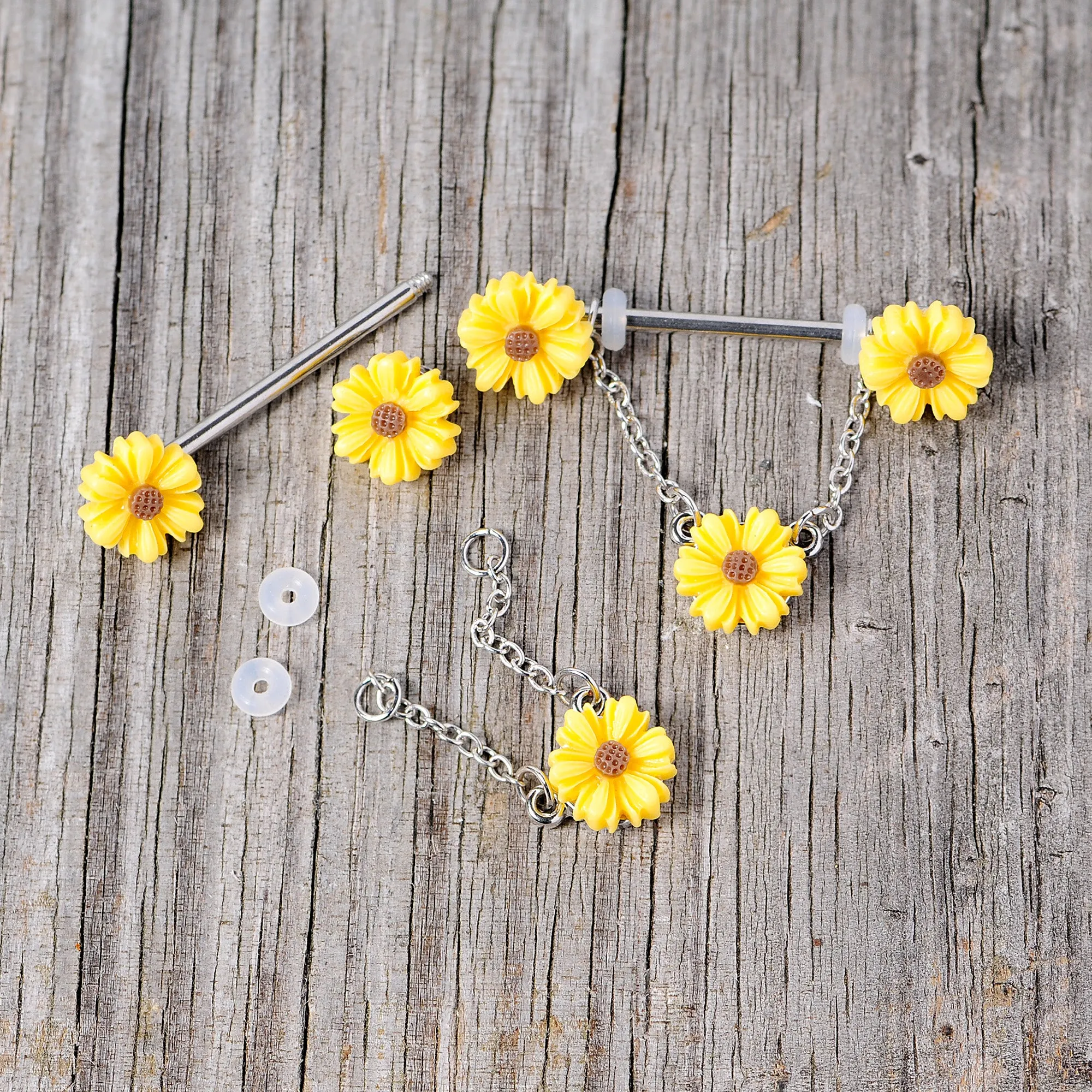 14 Gauge 5/8 Yellow Sunflowers Dangle Nipple Ring Set