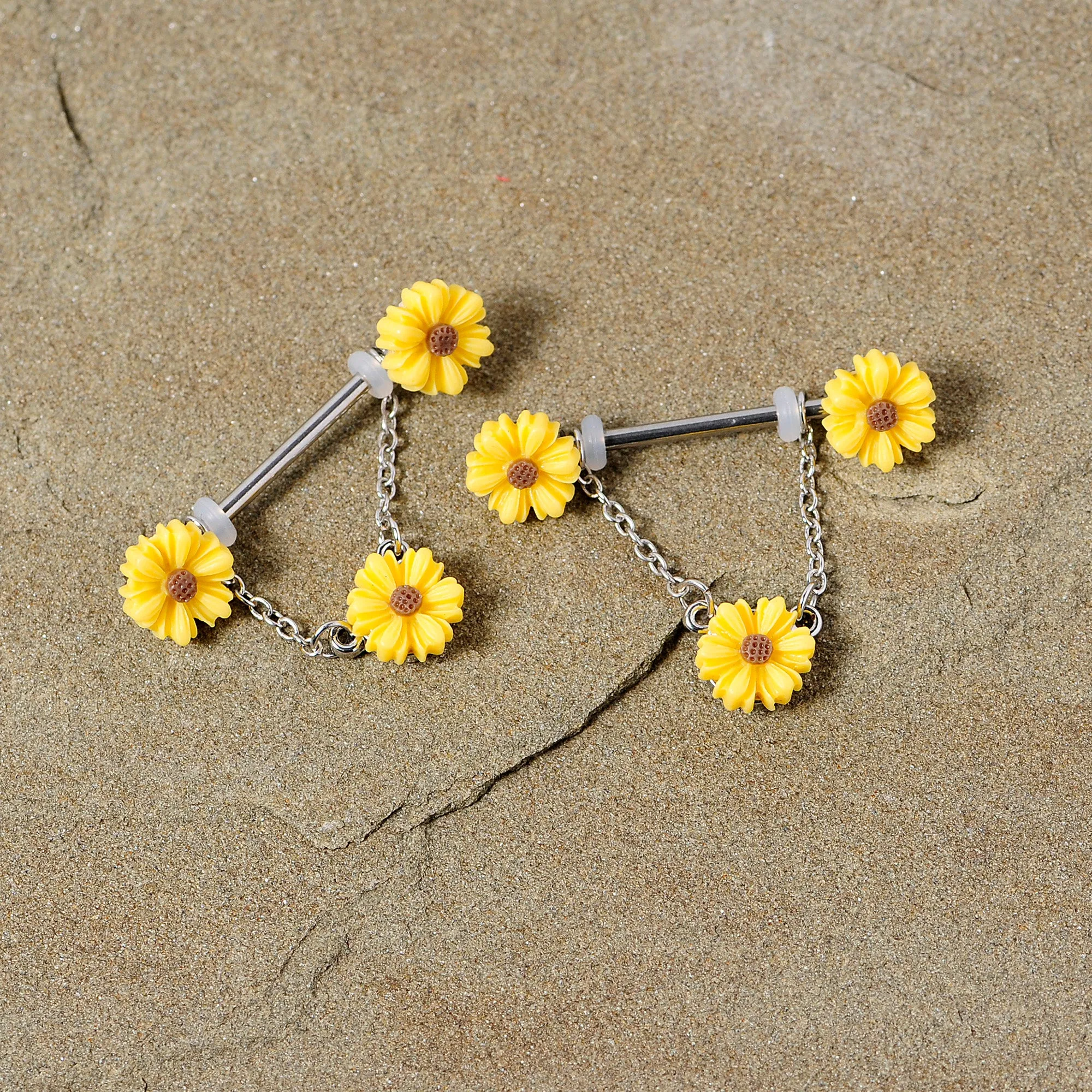 14 Gauge 5/8 Yellow Sunflowers Dangle Nipple Ring Set